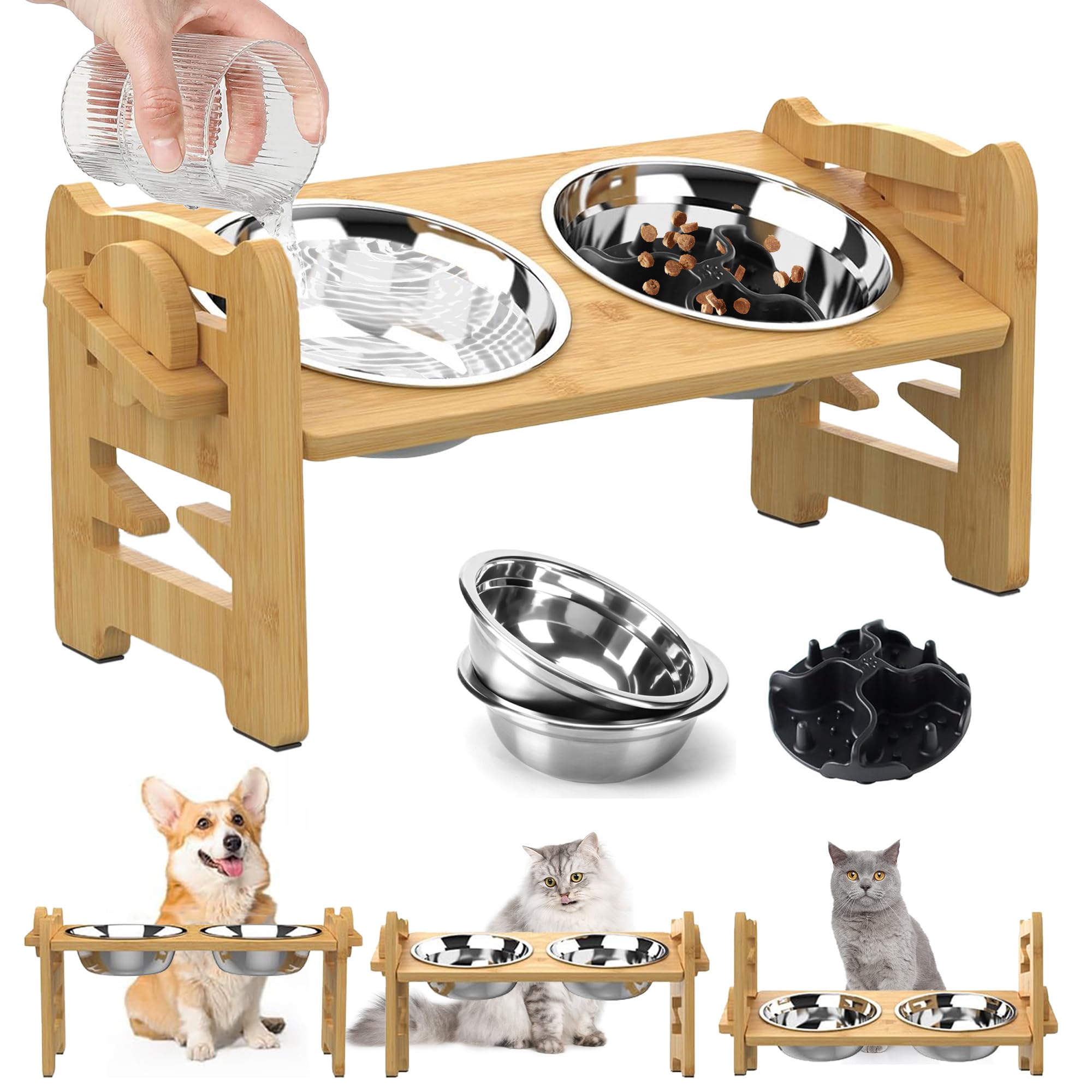 Adjustable Elevated Dog Bowls Raised Dog Bowl Non-Slip Dog Feeder Natural Bamboo Stand with 2 Stainless Steel Dog Food Bowls &1 Slow Feeder Dog Bowls