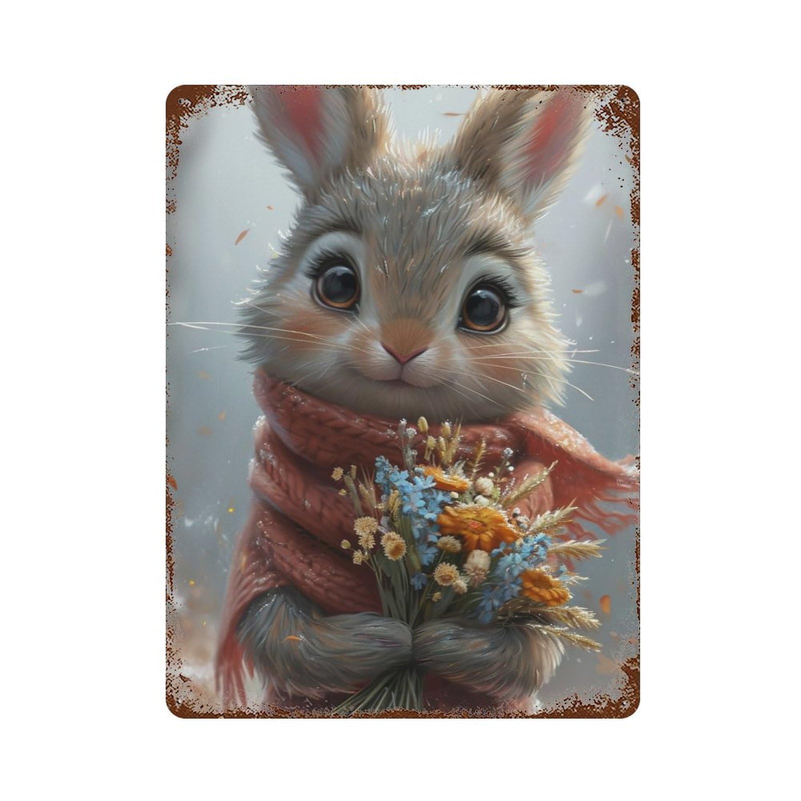 Retro Metal Sign with Winter Bunny with Flowers Design 15.7"x11.8", for Farmhouse, Kitchen And Entryway Decor, Shabby Chic Decor