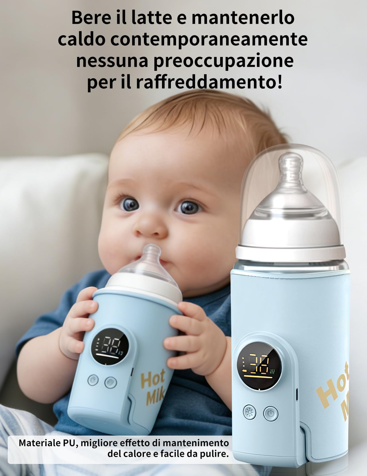 Scaldabiberon per bambini, con batteria da 8000 mAh, 6 livelli di temperatura da 38 a 50 °C, indicatore LED e luce notturna, portatile, funzione di ricarica USB, per viaggi e casa (blu)