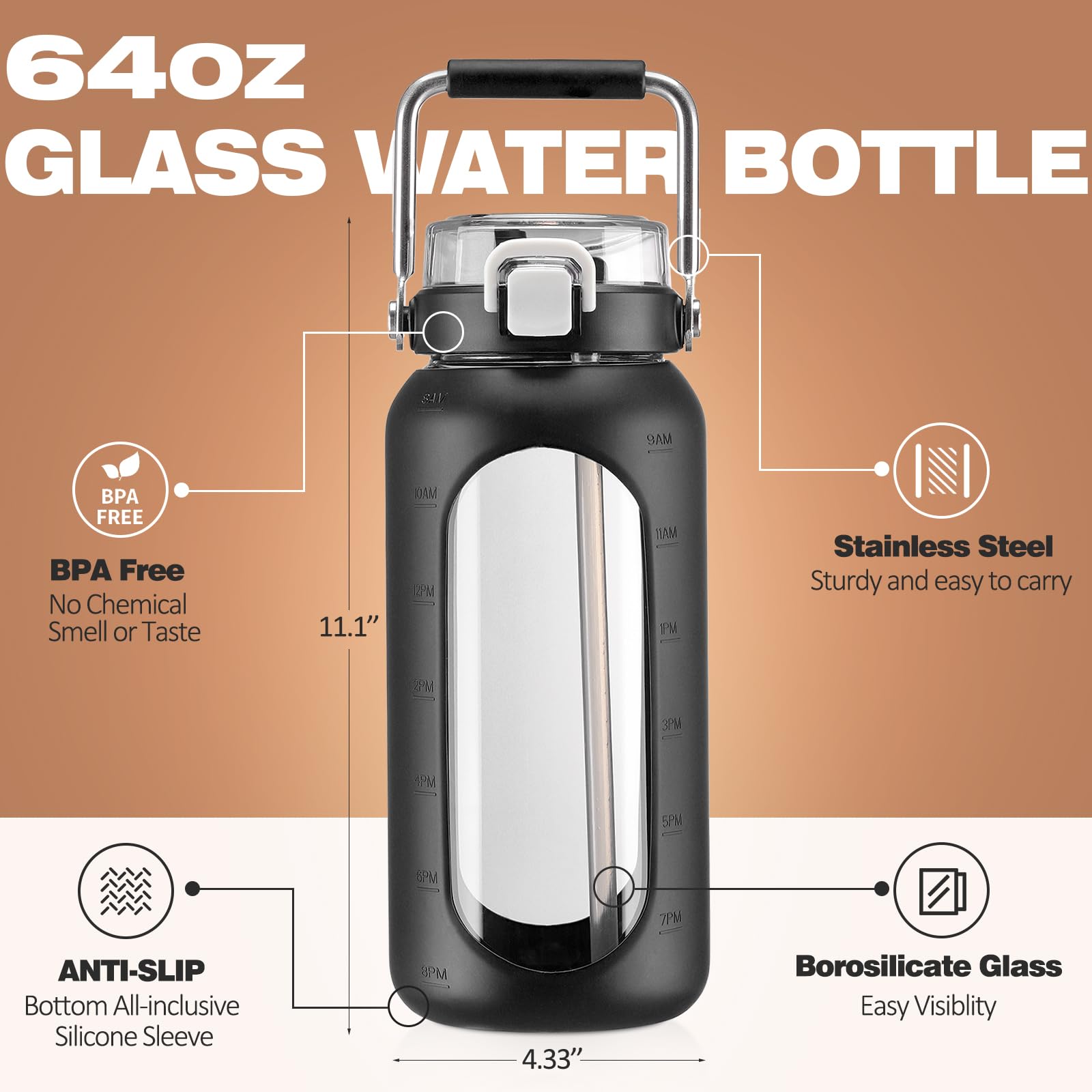 1,9L Glas-Wasserflasche, Glas-Trinkflasche mit Strohhalm und Edelstahlgriff, motivierende Wasserflasche mit Silikonhülle und Zeitmarkierung, Wasserkrug, Schwarz2