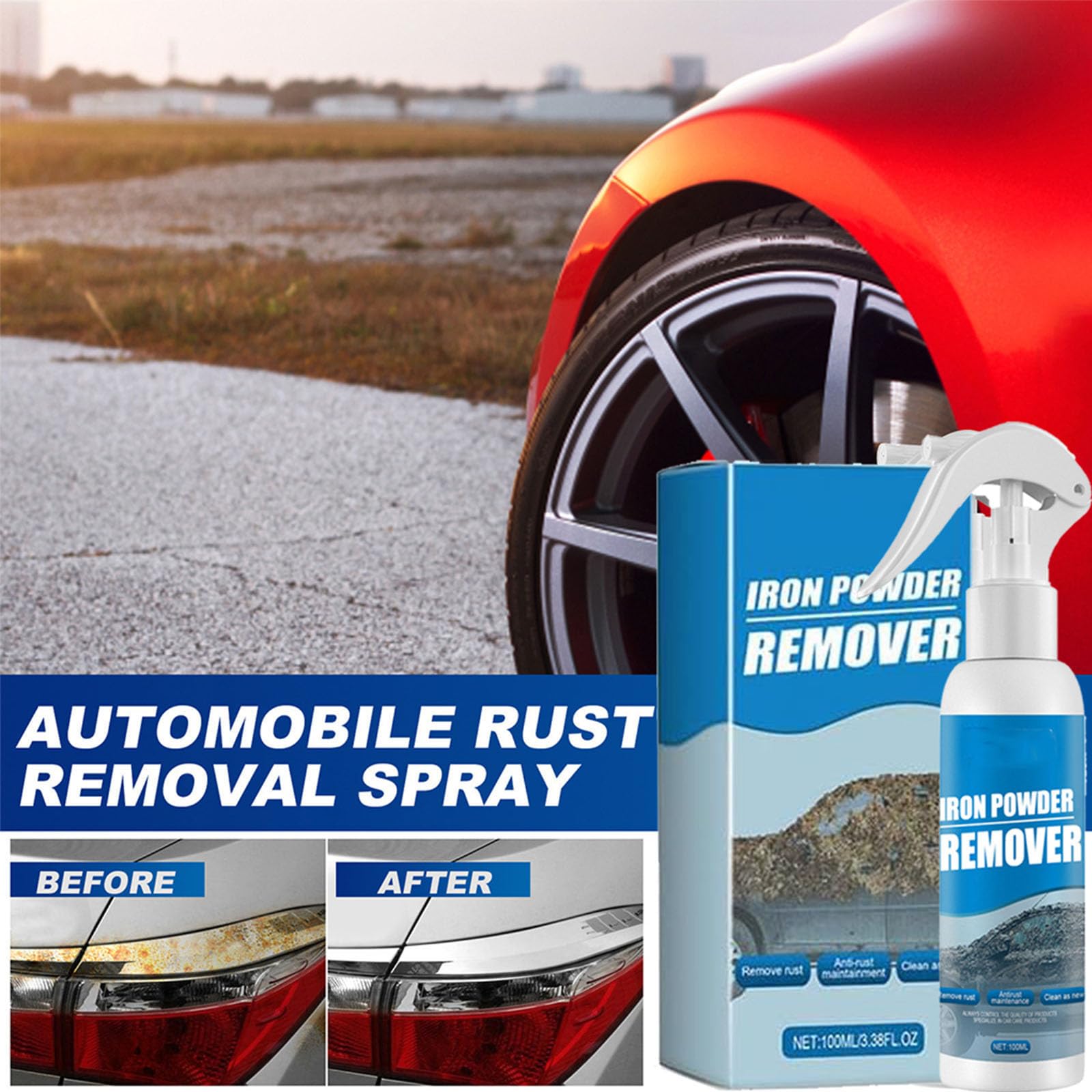 Iron Powder Cleaner Spray for Car Wheels, Multi-Surface Metal Stain Cleaner for Tools & Hardware, Iron Fallout for Automotive Detailing, 100ml (3pcs)