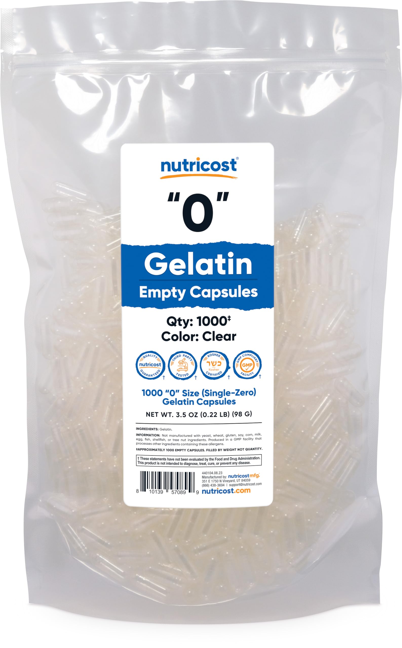 Nutricost Empty Capsules Gelatin Size (0) - 1,000 Clear Empty Gel Capsules - Kosher, Non-GMO, Soy Free, Gluten Free, GMP Compliant