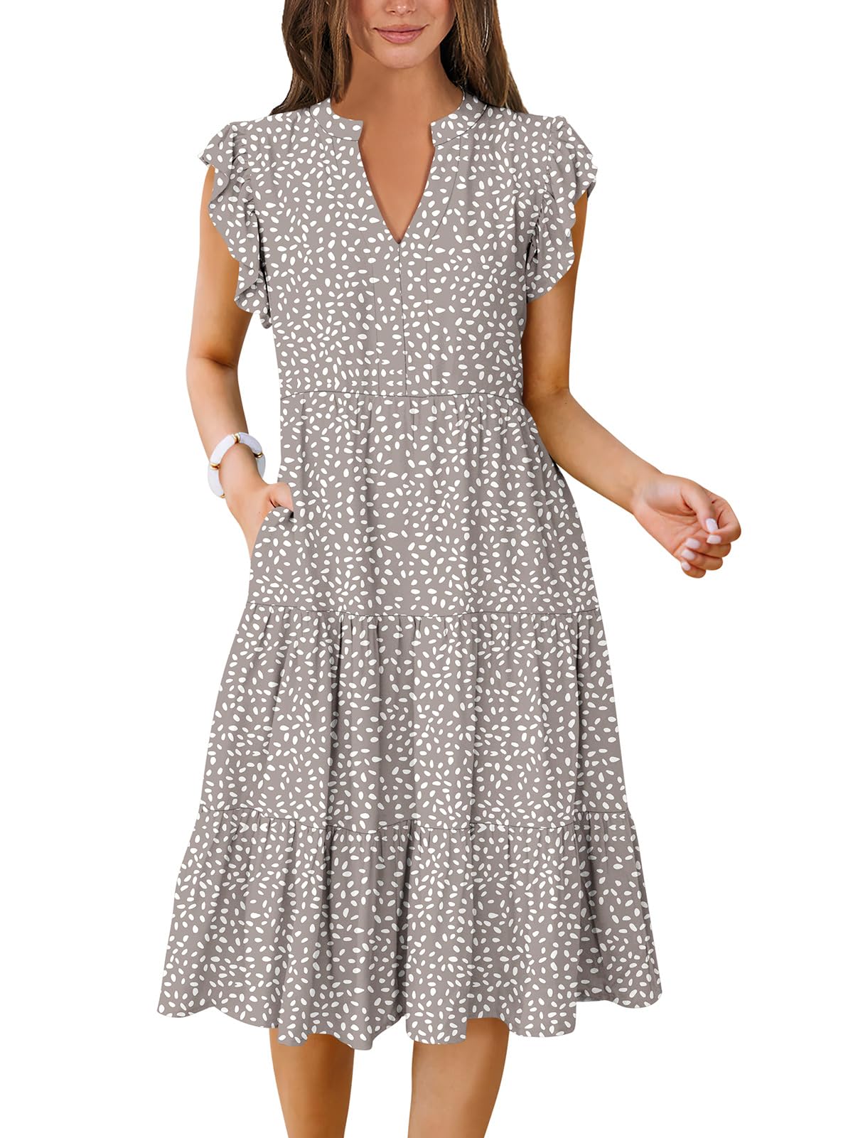 ANRABESS Womens Summer Dress Ruffle Sleeve V Neck Midi Dresses Fashion Casual Fit Flowy Tiered Boho Beach Vacation Sundress