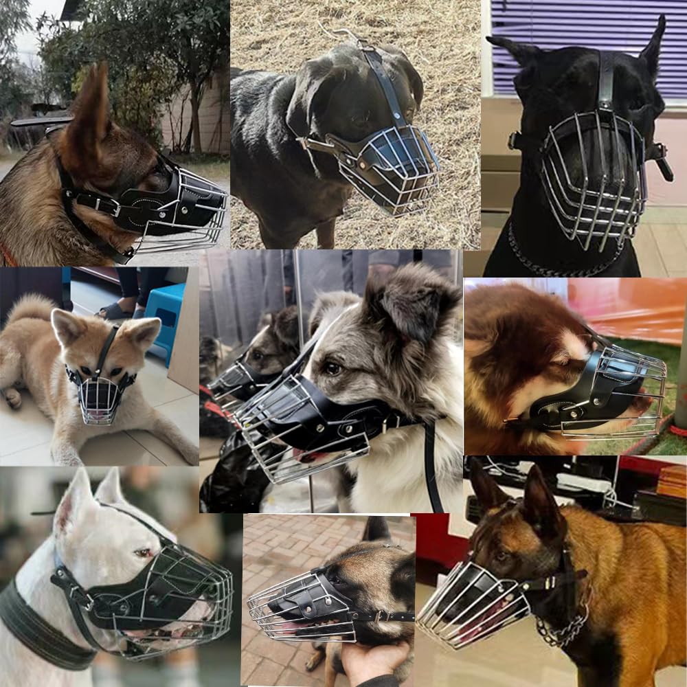 Bozal para perro: canasta de metal ajustable y duradera, bozal de cuero, bozal para perros grandes, cesta que permite jadear y beber, cómodo, ligero, bozal para perros de tamaño mediano, perros