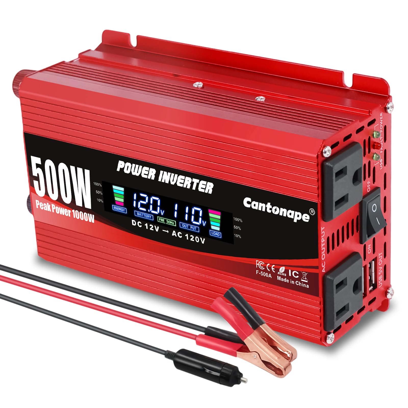 500W/1000W(Peak) Car Power Inverter DC 12V to 110V/120V AC Converter with LCD Display 2 AC Outlets and 2 USB Ports Car Charger Adapter for Car Laptop Truck Red