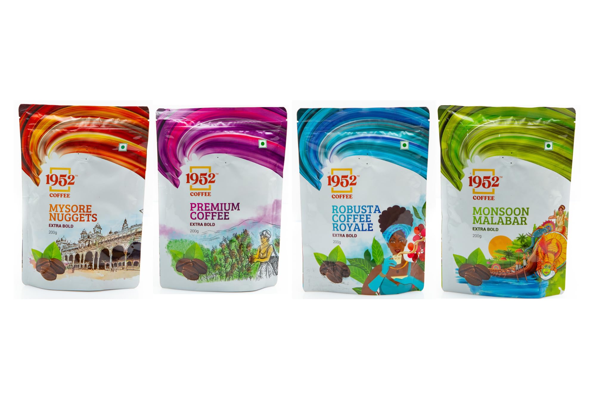 1952 Coffee Combo Of Premium Coffee With Mysore Nuggets Extra Bold Coffee, Robusta Coffee Yoyal Extra Bold Coffee, Monsoon Malabar Extra Bold Coffee, Blend of Handpicked Chigmagalur Coffee, 200g X 4