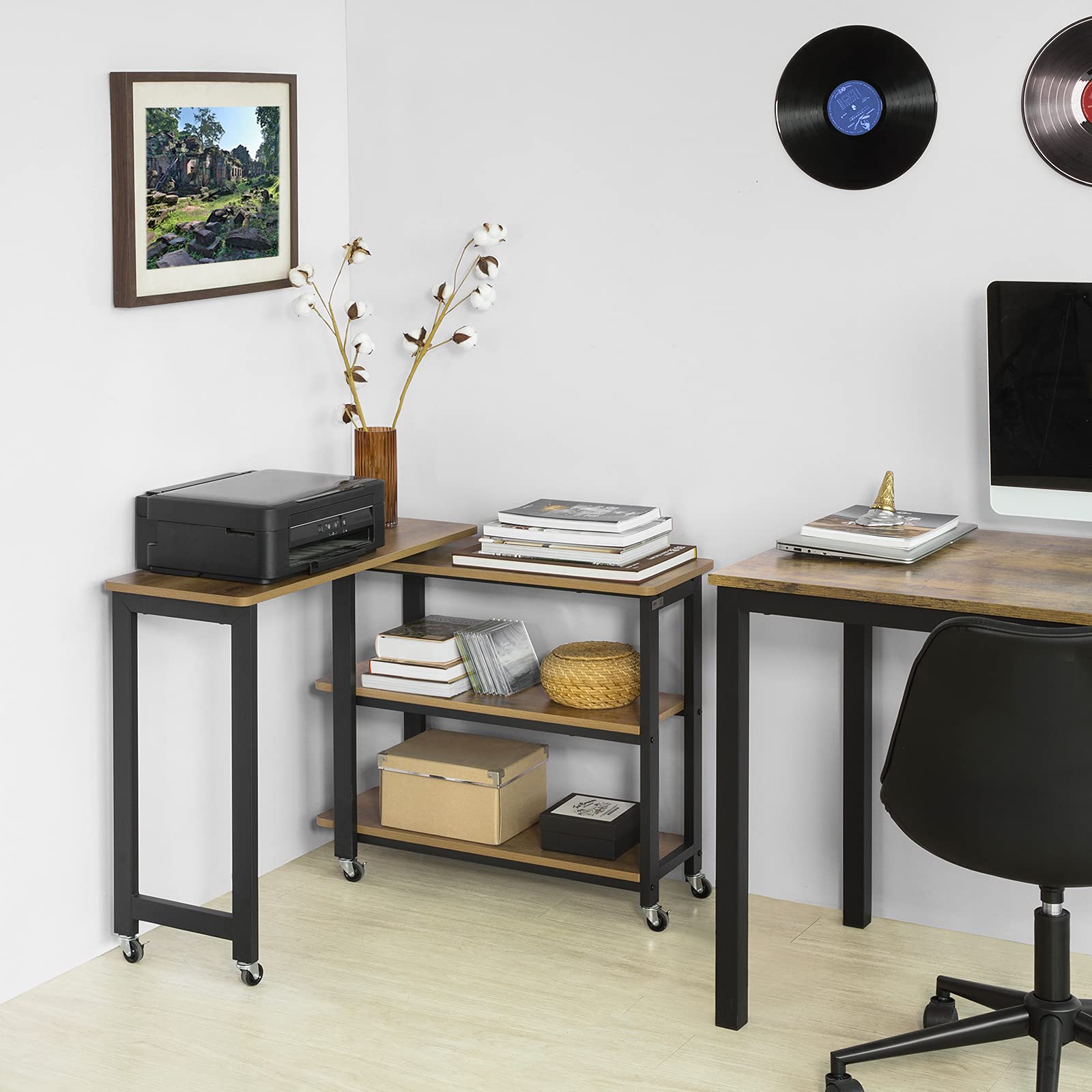 SoBuy FWT83-PF L-förmiger Beistelltisch mit 2 Ablagen Sofatisch mit Rollen Couchtisch Eckschreibtisch Computertisch Arbeitstisch Industrie-Design BHT ca.: 133x69x30cm