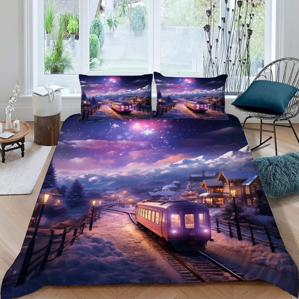 Parure de lit 240x260 2 personnes housse de couette 3D trains microfibre fermeture éclair