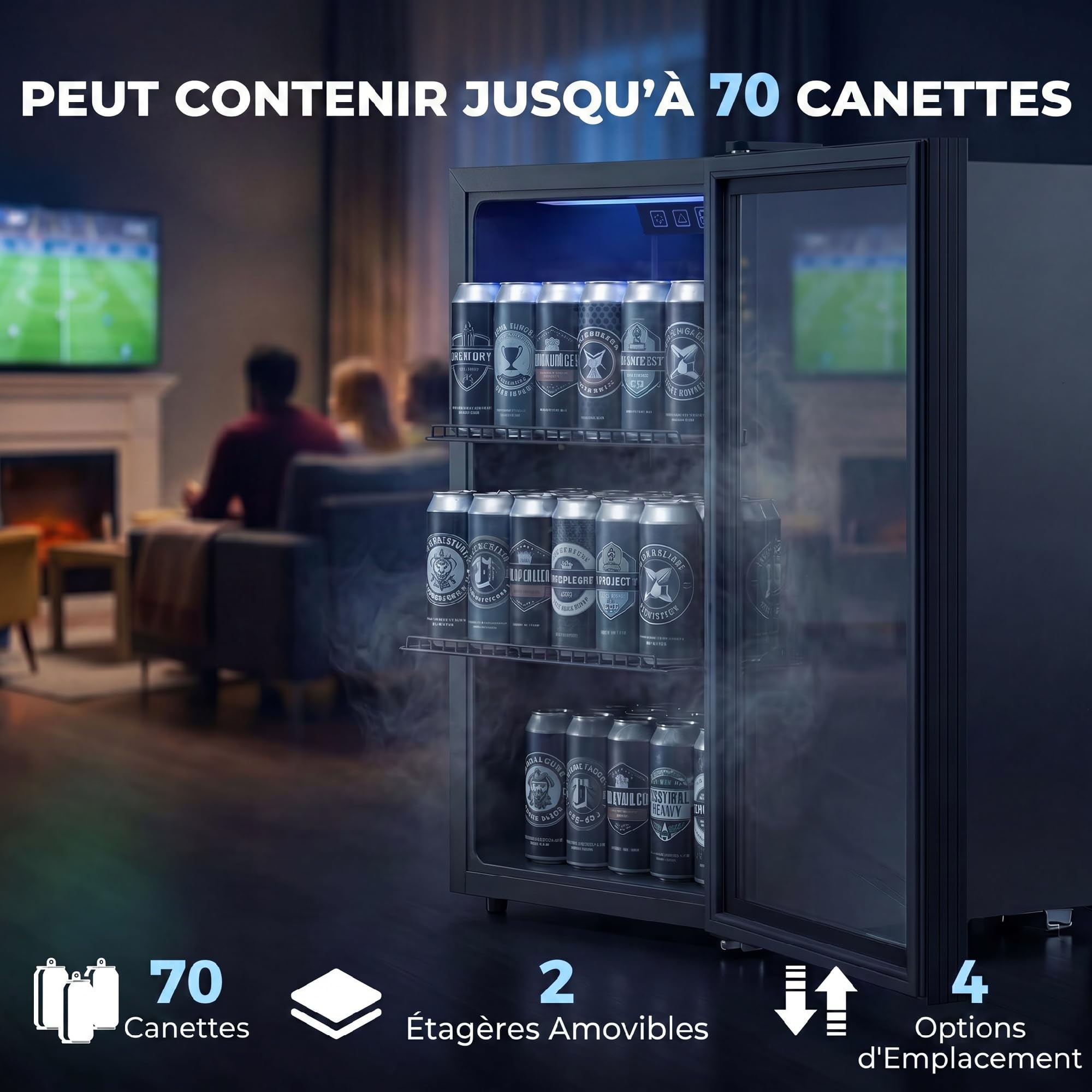 HOMCOM Réfrigérateur à Boissons 70L 70 Canettes, Frigo Silencieux Pose Libre, Porte Verre Trempé Double, Étagères Réglables, Éclairage LED, Noir