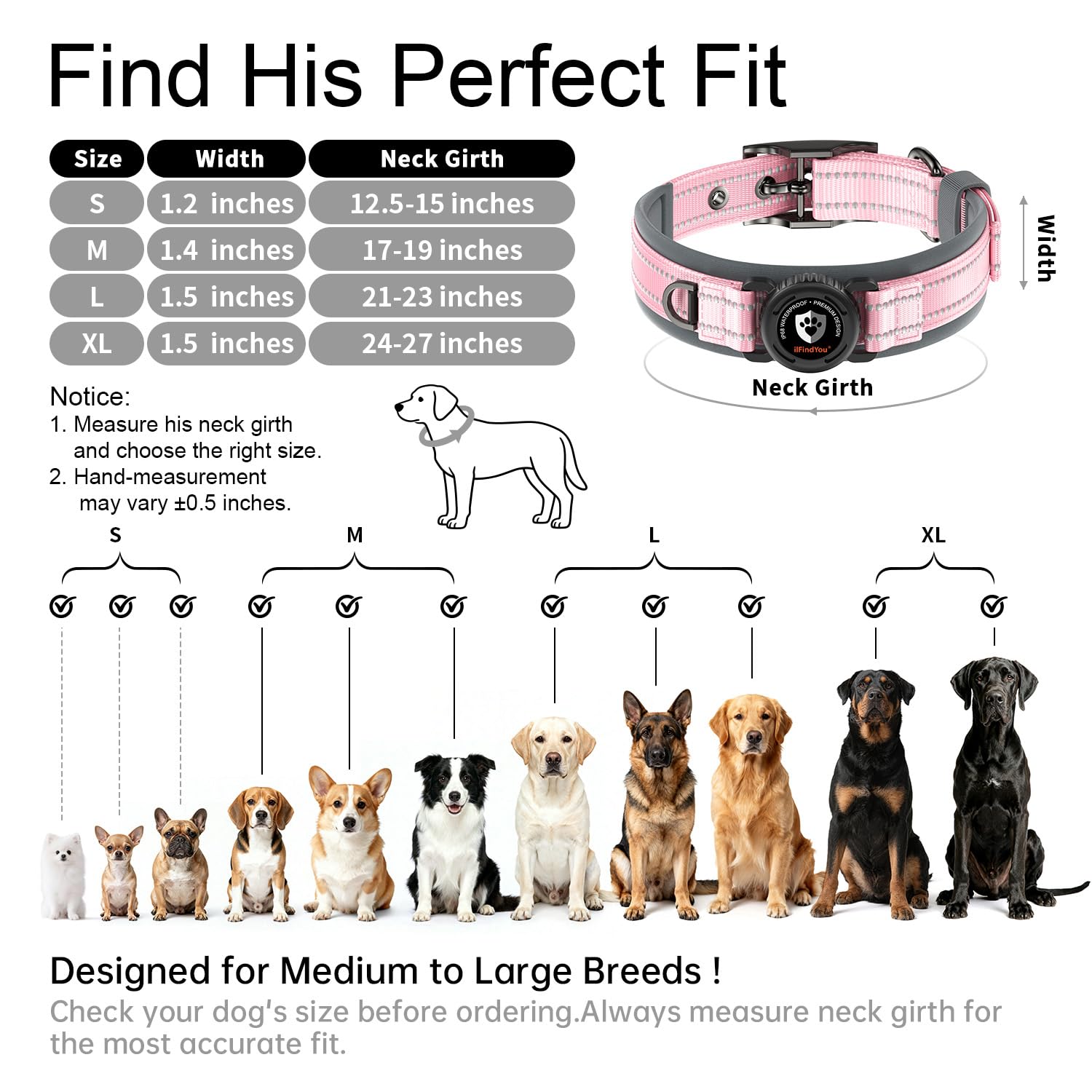 Robustes Hundehalsband mit AirTag-Halter, IP68 wasserdicht, L, Rosa