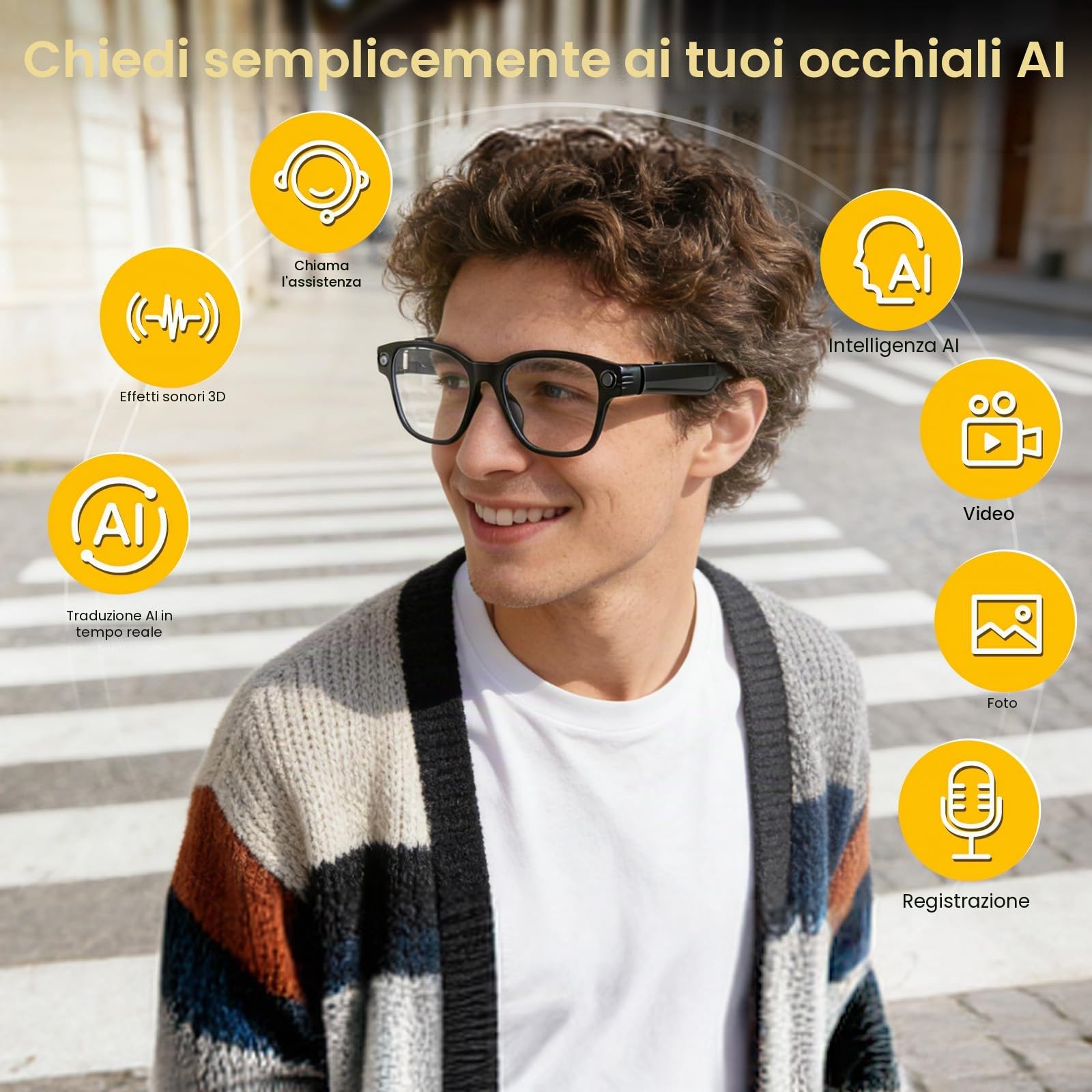 Occhiali Intelligenti Ai Con Fotocamera 8Mp, Video 1200P E Traduzione Multilingue–Lenti Fotocromatiche, Microfono Duale Con Cancellazione Rumore, Autonomia 270Mah–Ideali Per Viaggi