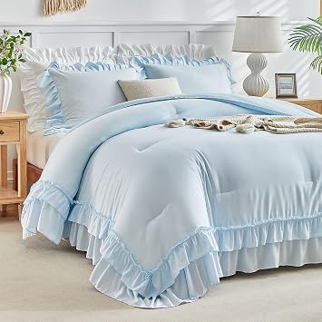 Flysheep Blue Ruffle Comforter Set Twin Size, 3 Pieces Vintage Farmhouse Shabby Chic Comforters, Solid Color Lightweight Soft Fluffy Bedding Sets for Kids 1 Ruffled Comforter + 2 Pillow Shams
