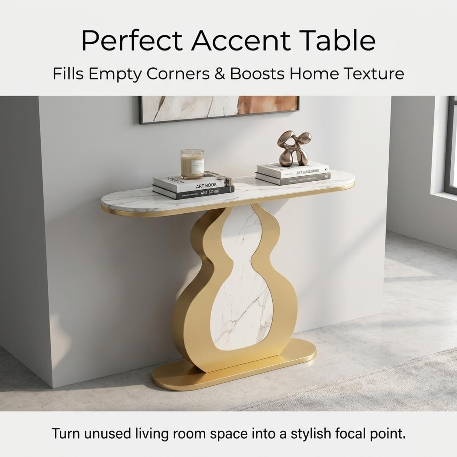 Mesa consola moderna con tapa de piedra sinterizada - Mesa de entrada | Con marco de acero al carbono reforzado, for pasillo, vestíbulo, sala de estar(White gold,150*30*80cm)