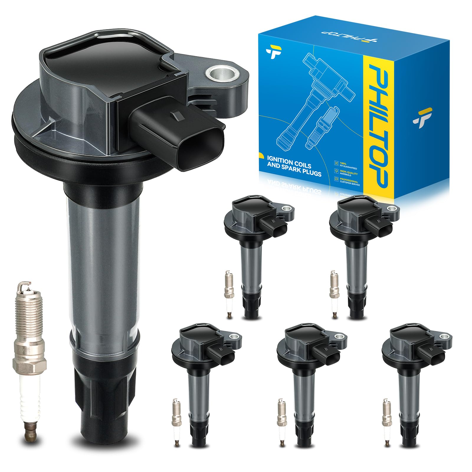 PHILTOP Ignition Coil UF553 &amp; Iridium Spark Plugs Fit for Ford Edge, Taurus