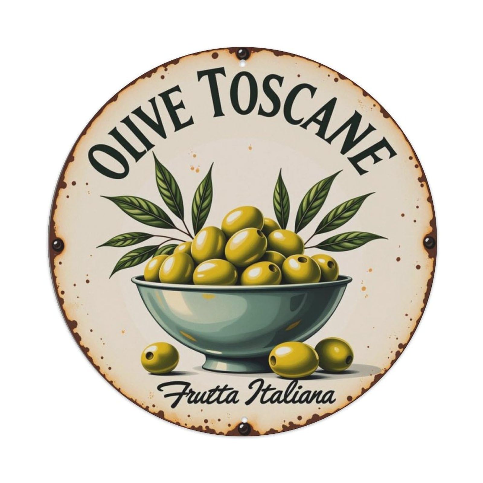 Vintage Italian Tuscan Olive Kitchen Round Wall Decor Sign Vintage Aluminium Metal Sign, Retro Wall Decor for Home, Bar, Garage & Farmhouse 20x20cm