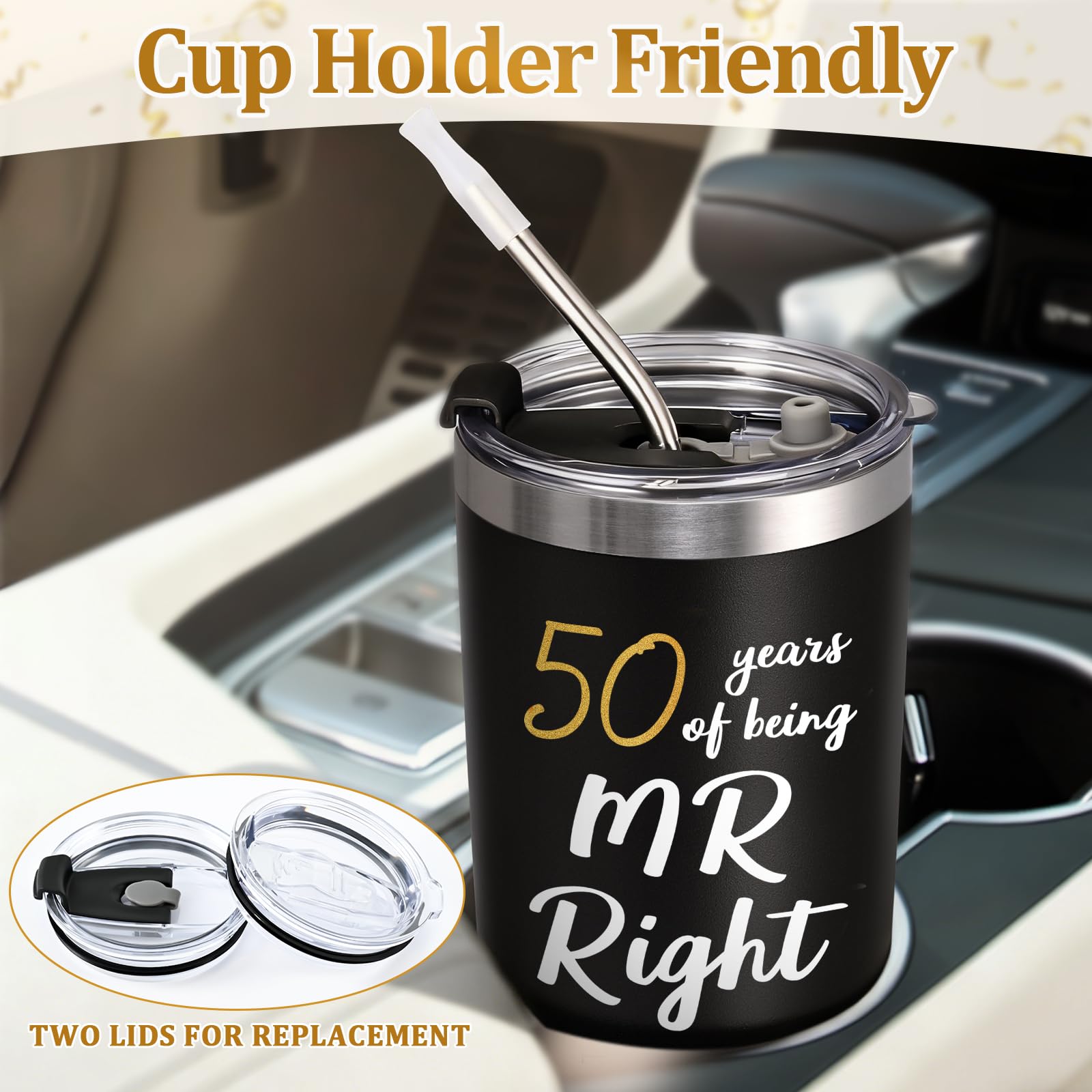 Lifecapido 50th Wedding Gifts, Couple Gifts Ideas for Parents Friends Hunsband Wife, 50th Mr Right & Mrs Always Right Tumbler Set with Lid & Straw(20oz, Black & White)