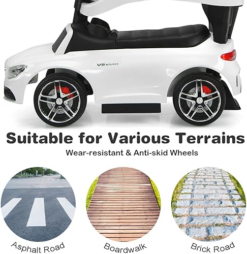 Miniatura 6 de Auto de empuje 3 en 1, Mercedes Benz Cochecito de juguete para niños pequeños con asa de empuje, caminador deslizante de pie a piso con toldo