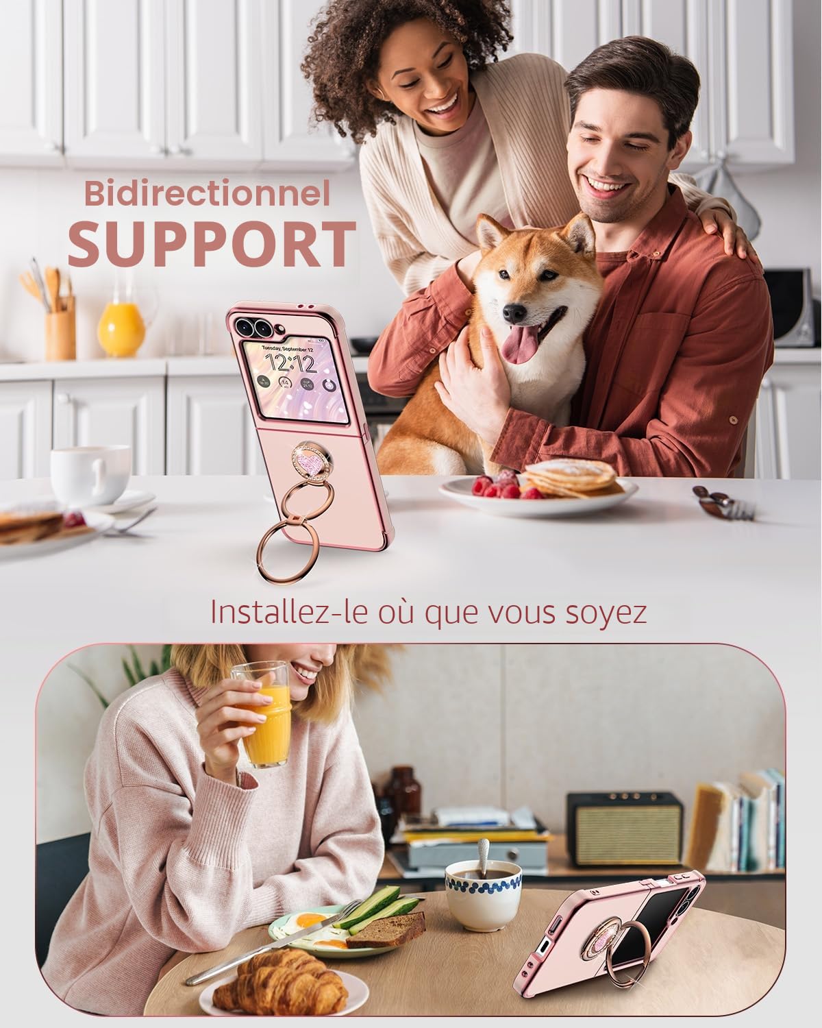 XYZ Coque pour Samsung Galaxy Z Flip 5 / Flip 6, avec Double Anneau de Support Cœur, avec Lanière pour Filles et Femmes, Coque de Protection Luxe Mignonne et Scintillante, Rose