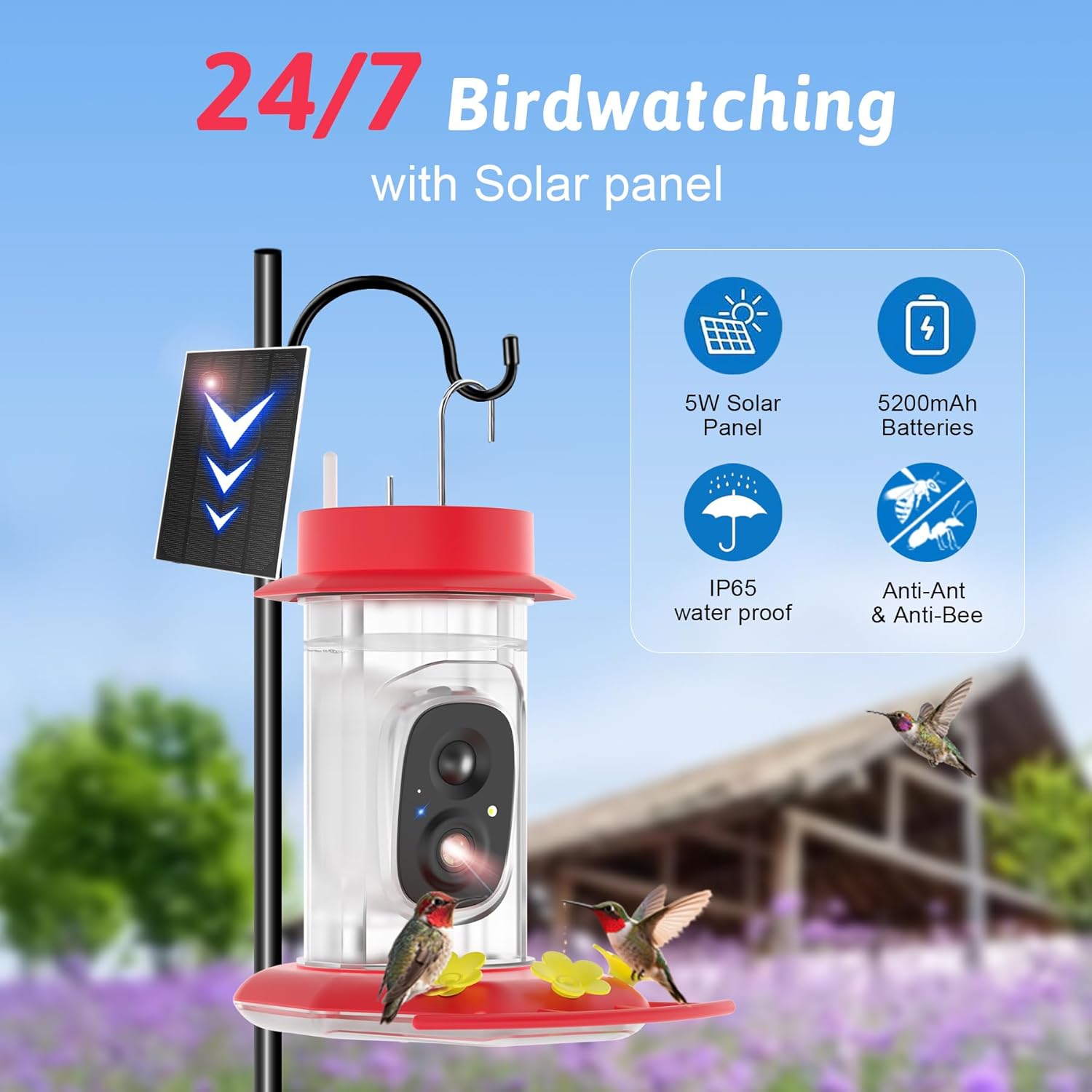 Solar Powered Professional Hummingbird Feeder with Camera - AI Bird Identification, 2K Video, Outdoor Hanging, Bird Watching Gift - Image 3