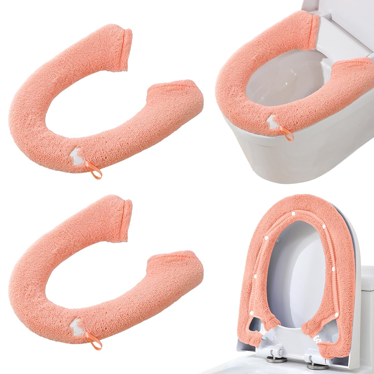 Hadeeong Orange 2Pcs Toilet Seat Cover, Bathroom Toilet Seat Cushion Soft Plush Thicker Toilet Seat Warmer With Snaps Fixed Stretchable Washable Fiber Cloth Toilet Seat Lid Cover Pads,
