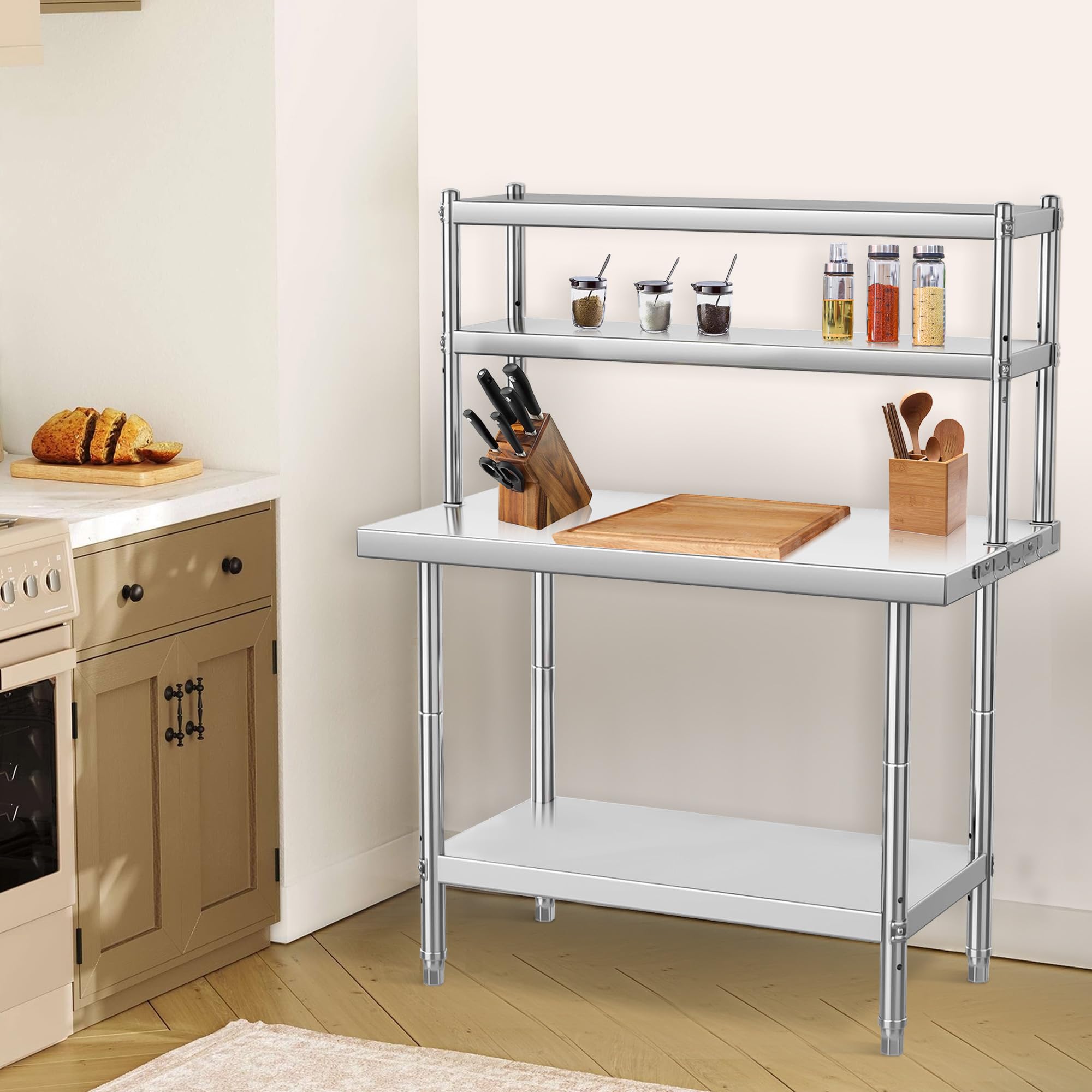Carrello in acciaio inox con ripiano su 2 livelli, tavolo in acciaio inox con gambe regolabili in altezza, piano di lavoro in acciaio inox per esterni e interni