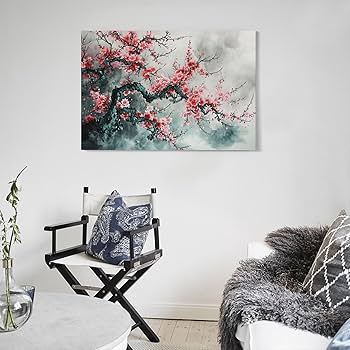 梅の花と月の水墨画掛軸 水墨画 梅 絵画 掛け軸 紅梅 絵画 こたつ 通販 17501396｜Creema