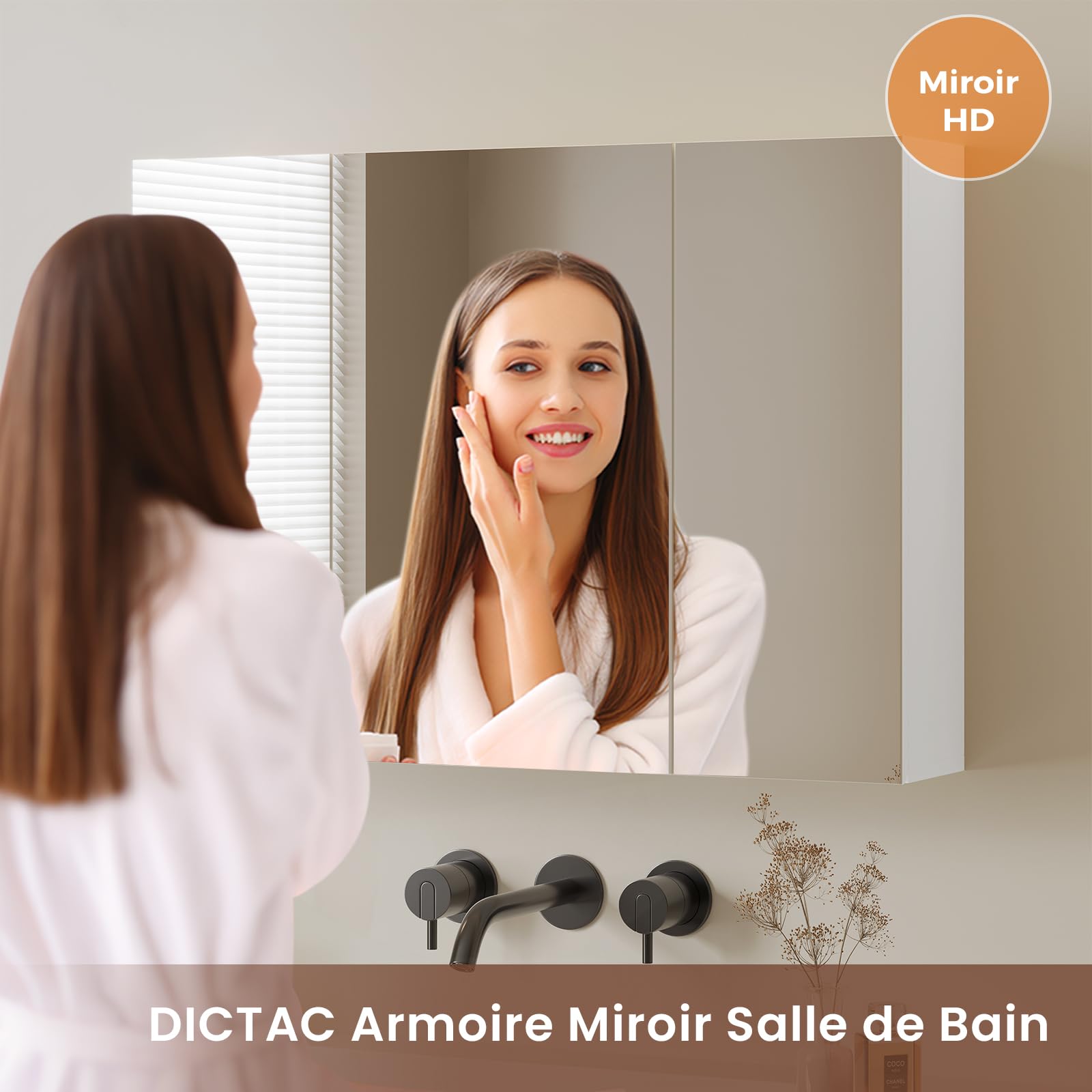 DICTAC Armoire Murale Salle de Bain avec Miroir 80×60×16cm Meuble Salle de Bain avec 3 Portes,Armoire Toilette Miroir avec Étagère Réglable, Blanc-80×60×16cm