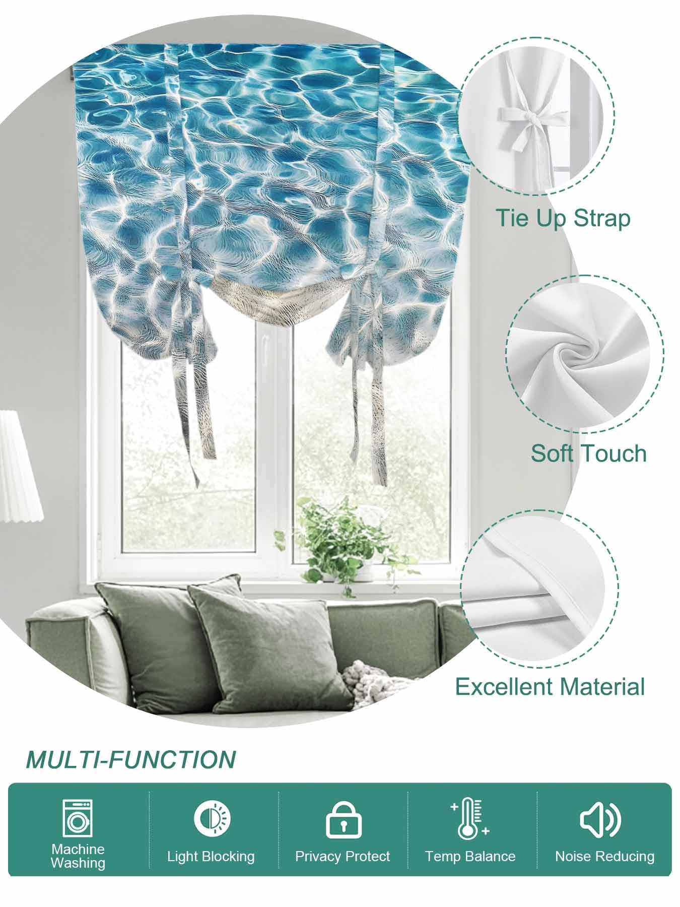 Tie Up Curtains for Windows Blue Ocean Roman Shade 46 x 63 Inch Bathroom Curtain Window Summer Water Ripple Sea Waves Texture Rod Pocket Short Balloon Curtains for Living Room Kitchen Small Blinds
