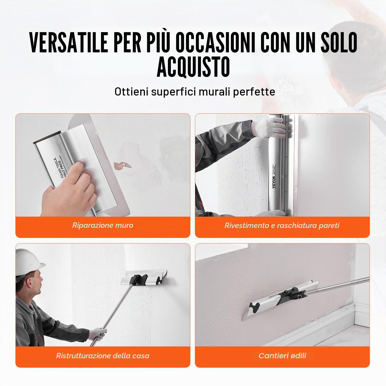 VEVOR Set di Lame per Rasatura per Cartongesso 254/406/610/813/1016 mm Lame per Rasatura, Manico Estensione 862-2072 mm Coltello in Acciaio Inossidabile per Rasatura, per Pannello Murale, Cartongesso