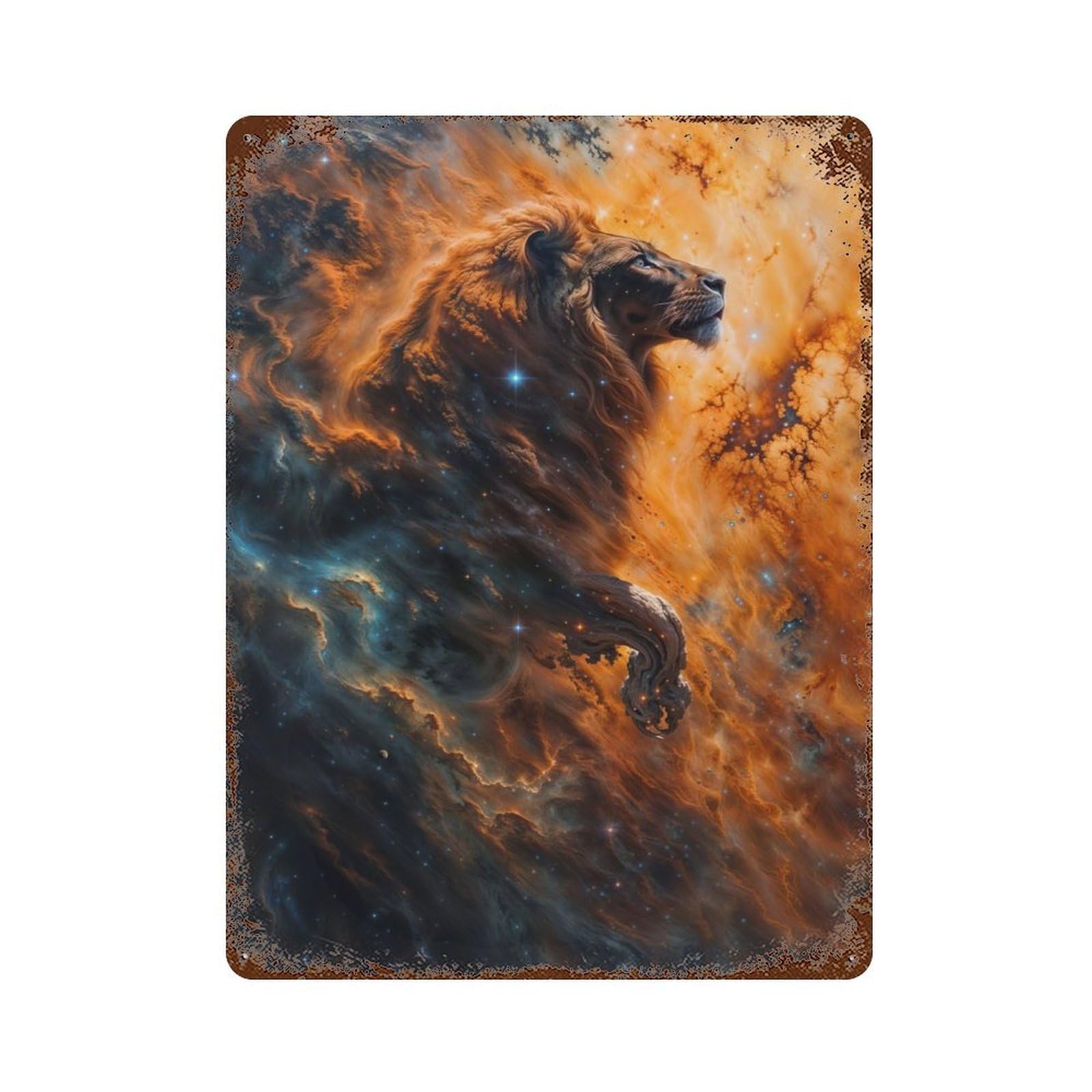 Rust Effect Tin Sign Cosmic Nebula Lion 15.7"x11.8", Vintage Wall Decor for Basement, Hobby Room And Garage Decor