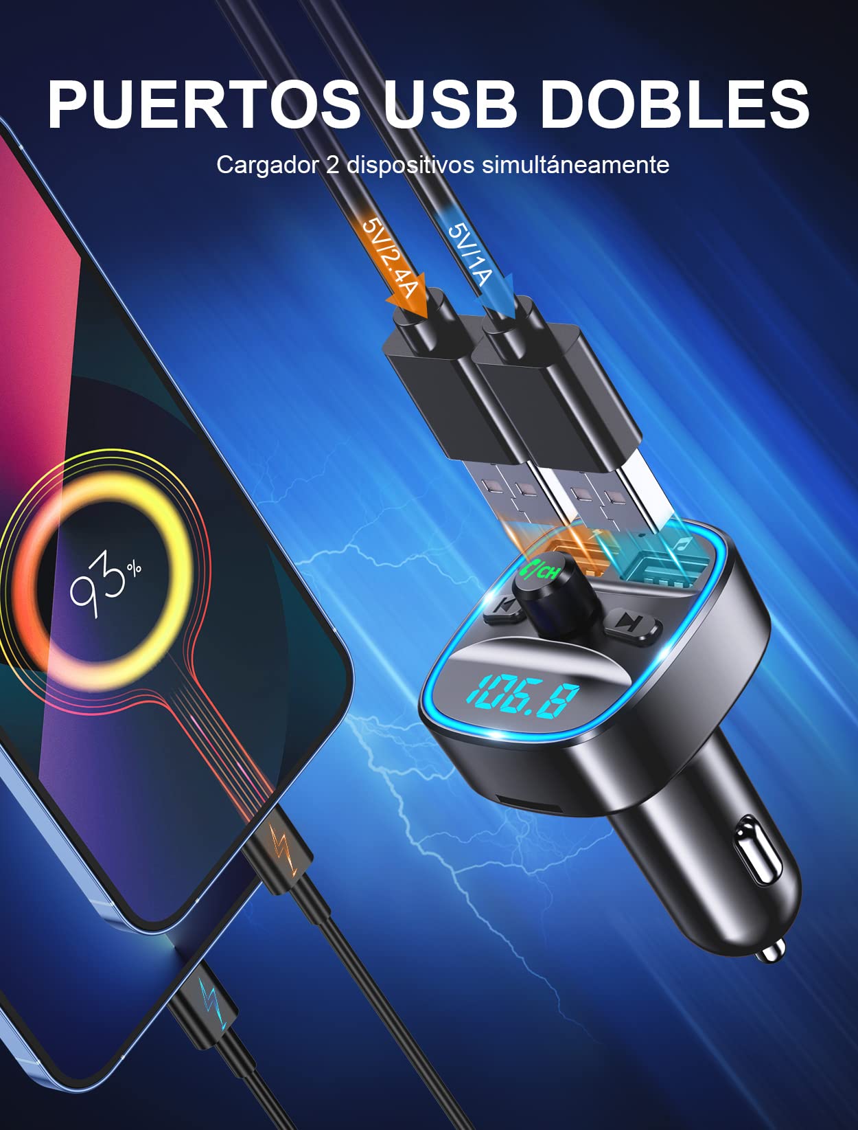 Mohard Transmisor FM Bluetooth 5.3 Coche, Todo Metal con Anillo LED, Cargador Rápido PD30W+QC3.0, Manos Libres con Cancelación de Ruido, Soporte USB/TF, Audio Hi-Fi