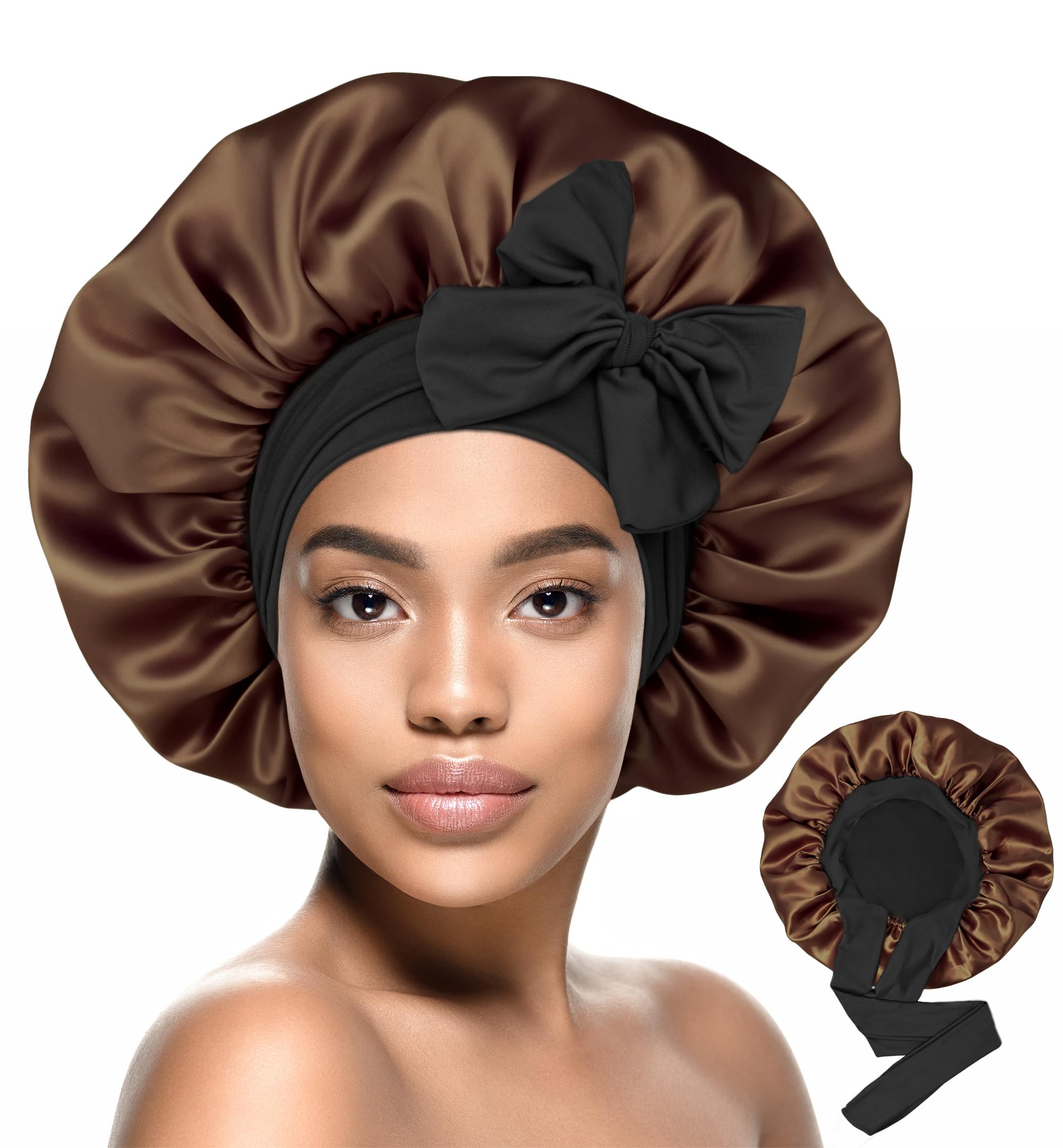 HiRui Silk Satin Bonnet for Sleeping Women, Double-Layer Sleep Cap Shower Cap with Adjustable Tie, Moisture Retaining Satin Lined Hair Bonnet for