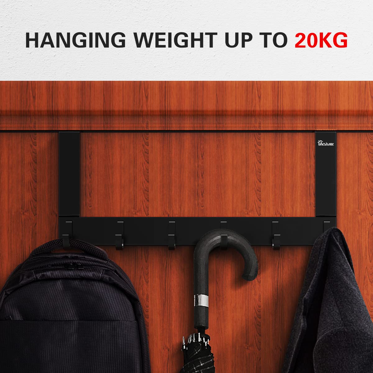 Czarna, aluminiowa listwa z 6 haczykami na drzwi, maksymalny udźwig 20 kg, łatwy montaż, haczyki na drzwi, na ubrania i kapelusze, 40 cm