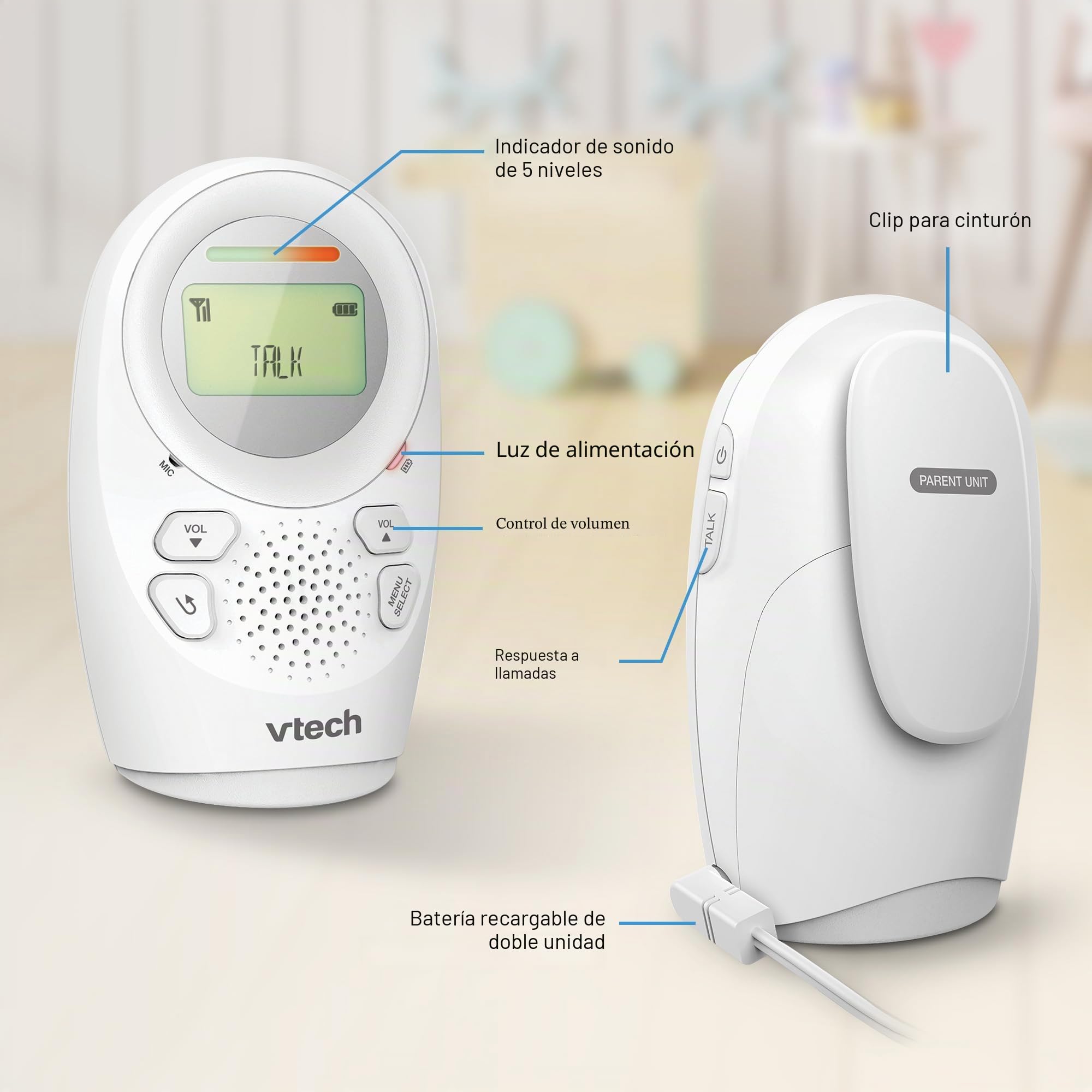 VTech DM1211 Monitor de Audio para bebé, Largo Alcance, Monitor de bebé con conversación bidireccional, Pantalla de Nivel de Ruido, Sensor de Temperatura, Sonidos relajantes, Clip para cinturón de
