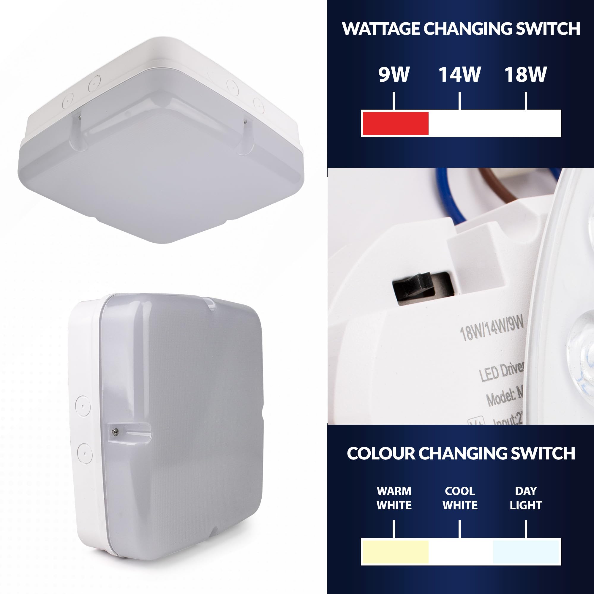 Bright Source Wall & Ceiling Square Utility LED Bulkhead, White, Switchable Wattage 9W 14W 18W, IP65, 120° Beam Angle - Image 3