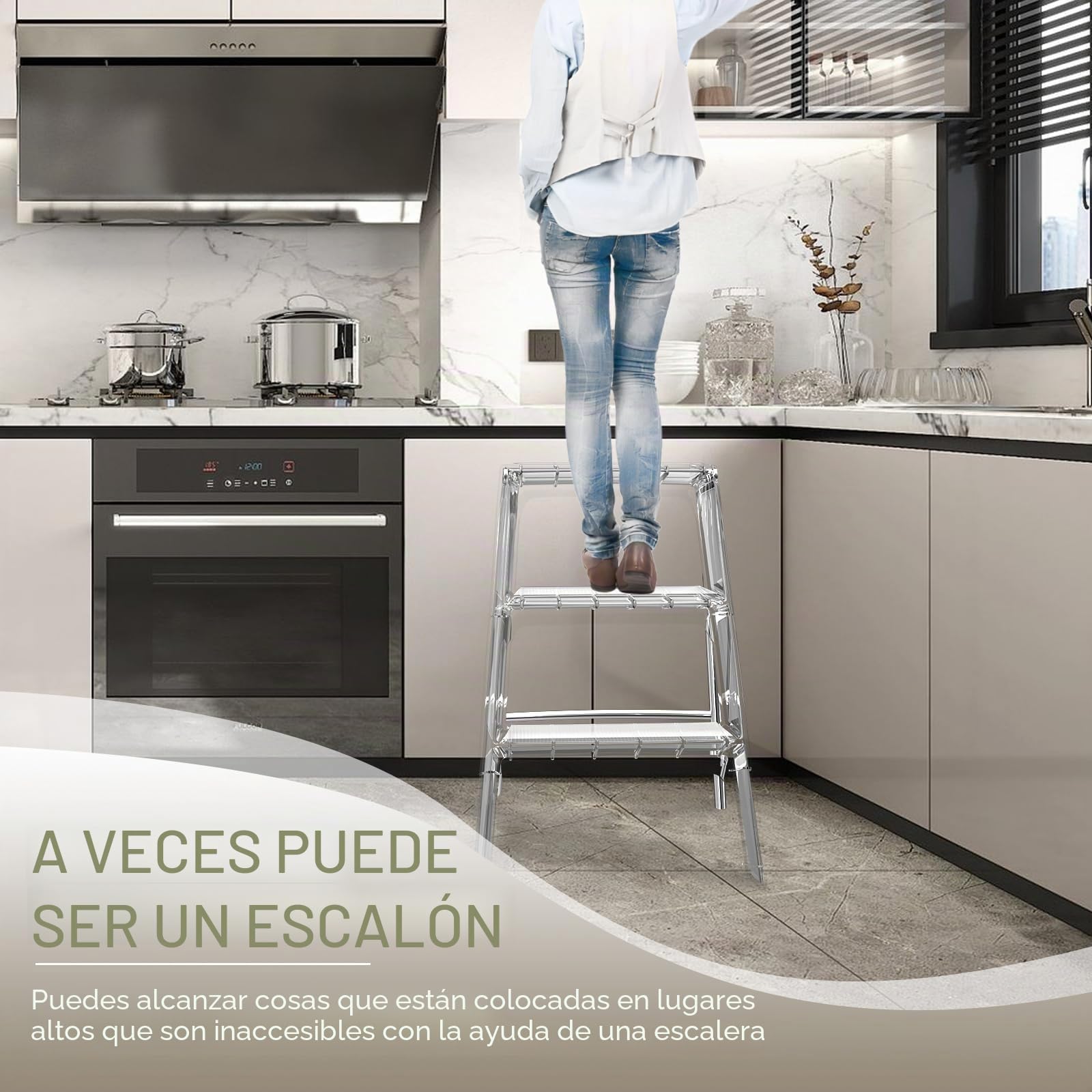 Escalera Silla Acrílico Transparente, Taburete Plegable Multifuncional Antideslizante,Taburetes de Tres Peldaños Ligera y portátil, Soporta hasta 100 kg