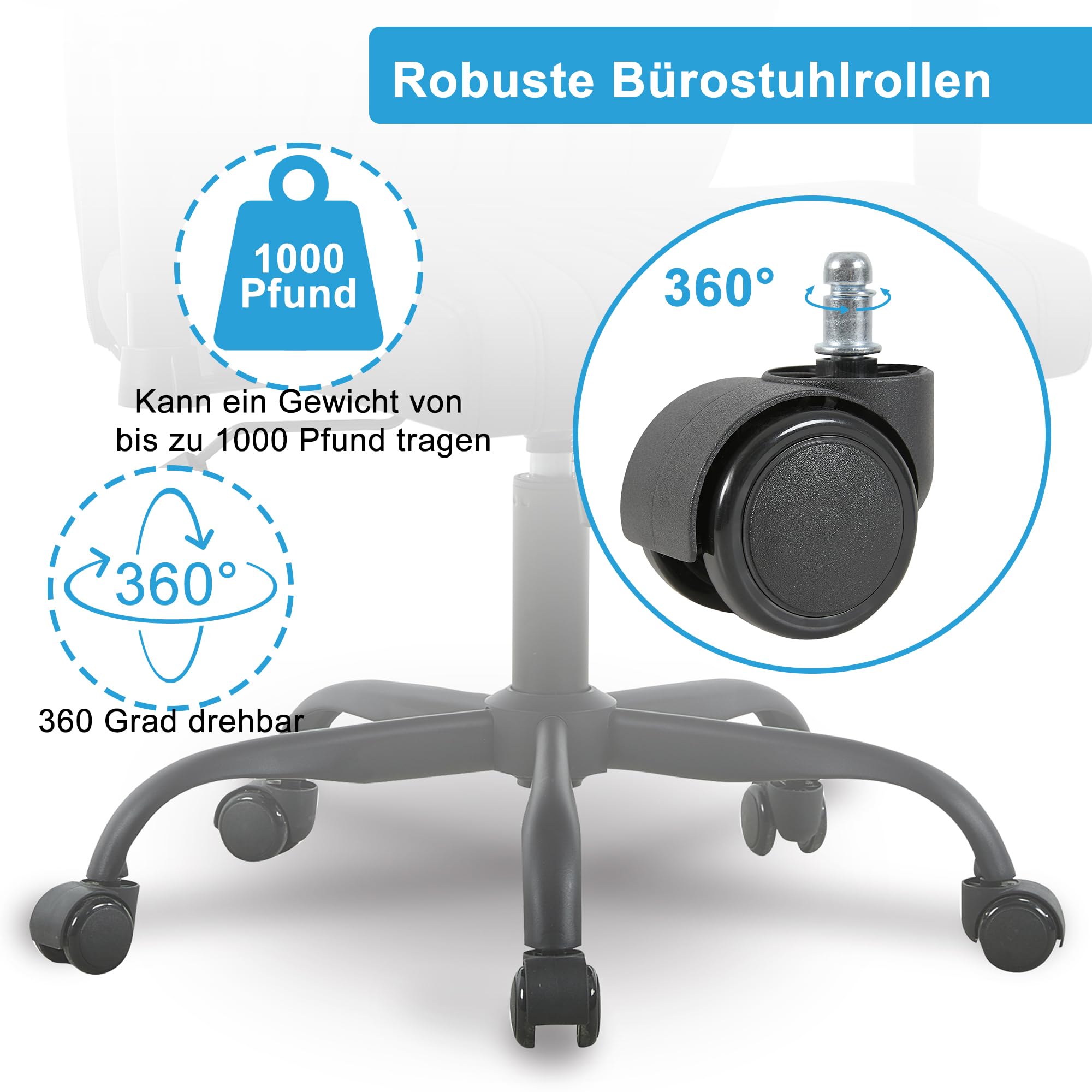 Symino Lote de 5 Ruedas Giratorias 360° para Silla de Oficina - Silenciosas, Sin Rayar Parquet y Suelos - Compatibles con la Mayoría de Sillas - Carga Máx. 300 kg