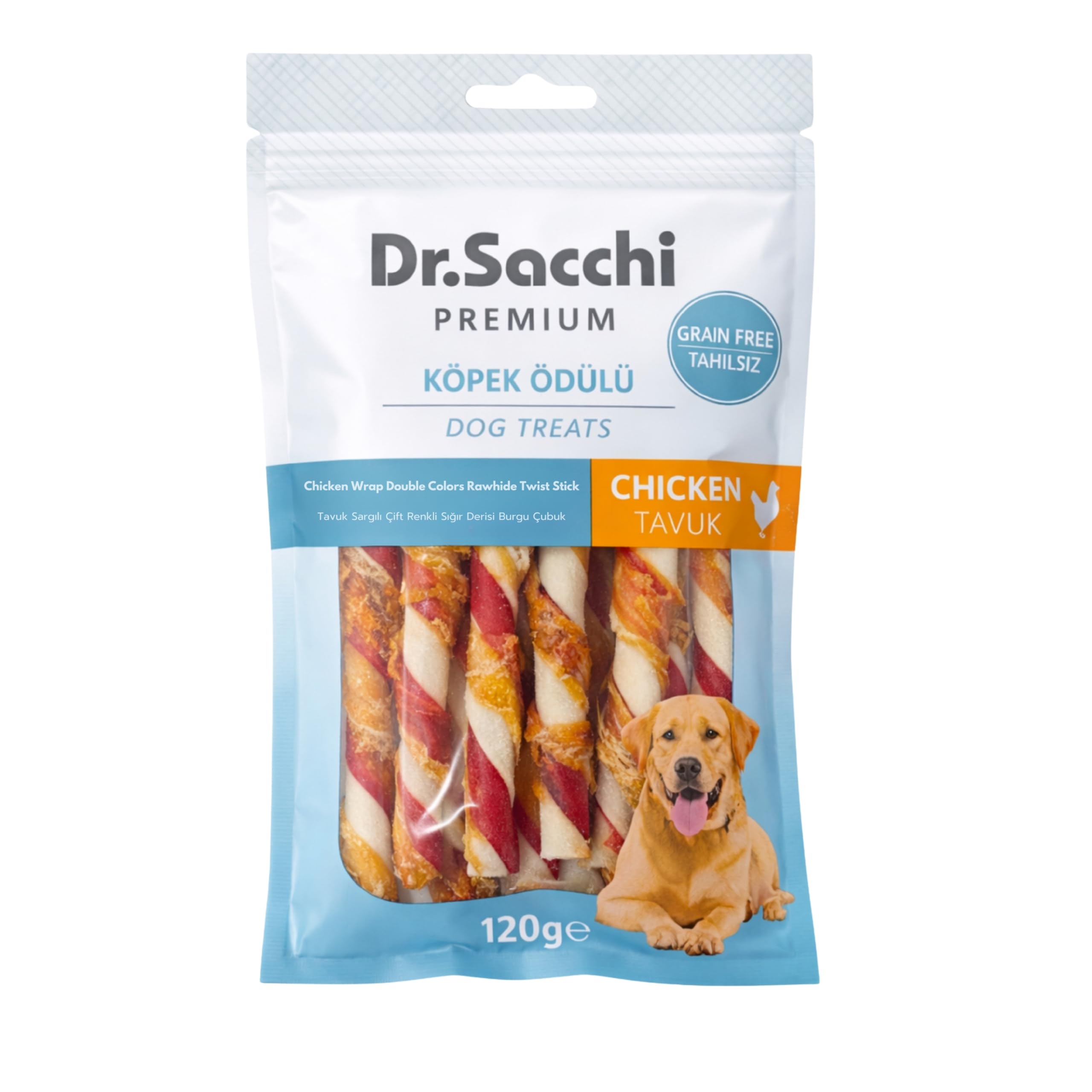 Dr.Sacchi Premium Tavuk Sargılı Çift Renkli Sığır Derisi Burgu Çubuk Tahılsız Köpek Ödülü 5" 12 Gr 10'lu
