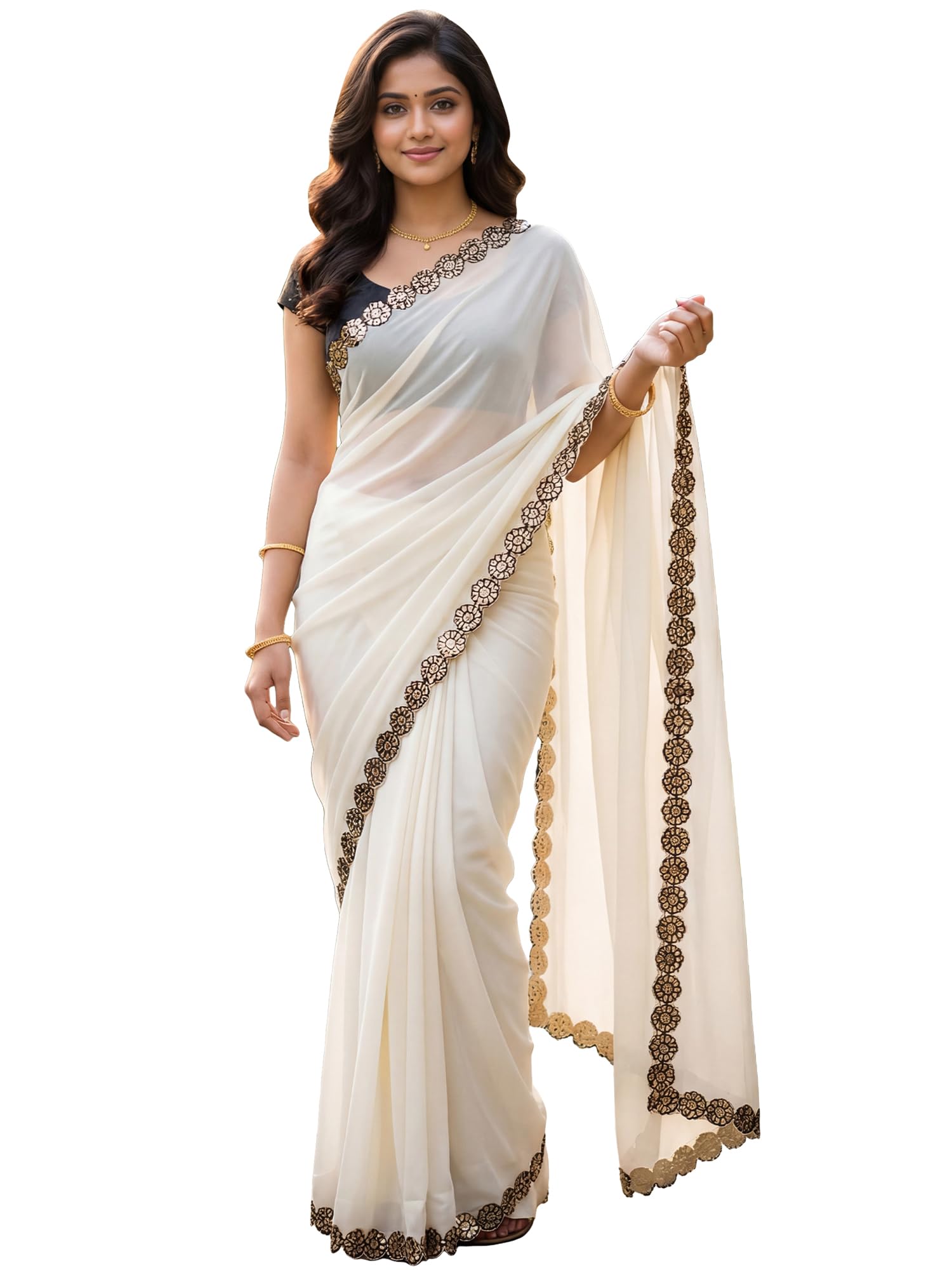 akhilam Women's Off White Georgette Solid Cut Work Embroidered Border Saree With Unstitched Blouse Piece (SUMN1001_RR)-picture-40