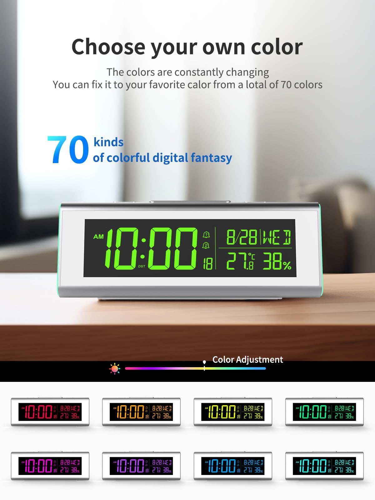Réveil numérique pour chambre à coucher avec écran LCD, couleur atmosphère, cycle de couleur dégradé, avec affichage de la température et de l'humidité, fonction snooze (blanc)