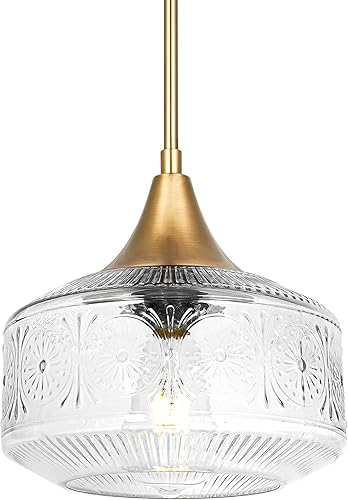Lámpara colgante dorada antigua de 9 pulgadas con pantalla de cristal, luces colgantes vintage para isla de cocina, luces colgantes cepilladas para