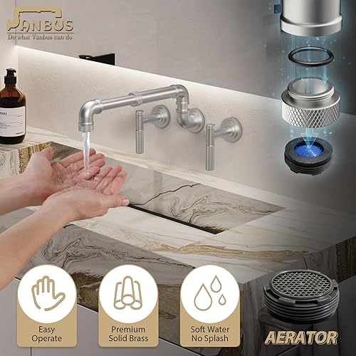 Miniatura 6 de Grifo de baño de latón para montaje en pared con doble función, extensible y giratorio, grifo de pared de 3 agujeros para tocador, lavabo, granja,