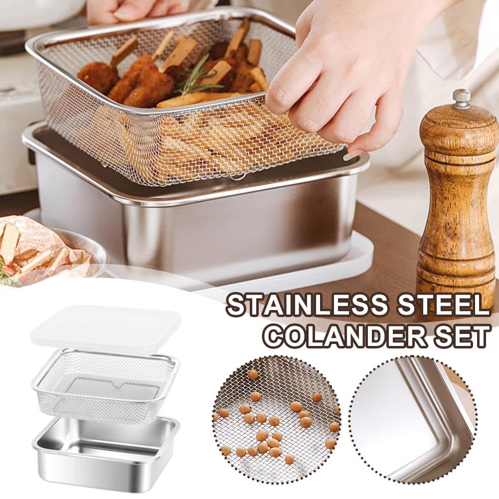 Set scolapasta in acciaio inox, 2 in 1, con coperchio, per scolare verdure, lavare riso, olio e acqua, contenitore per la preparazione degli alimenti
