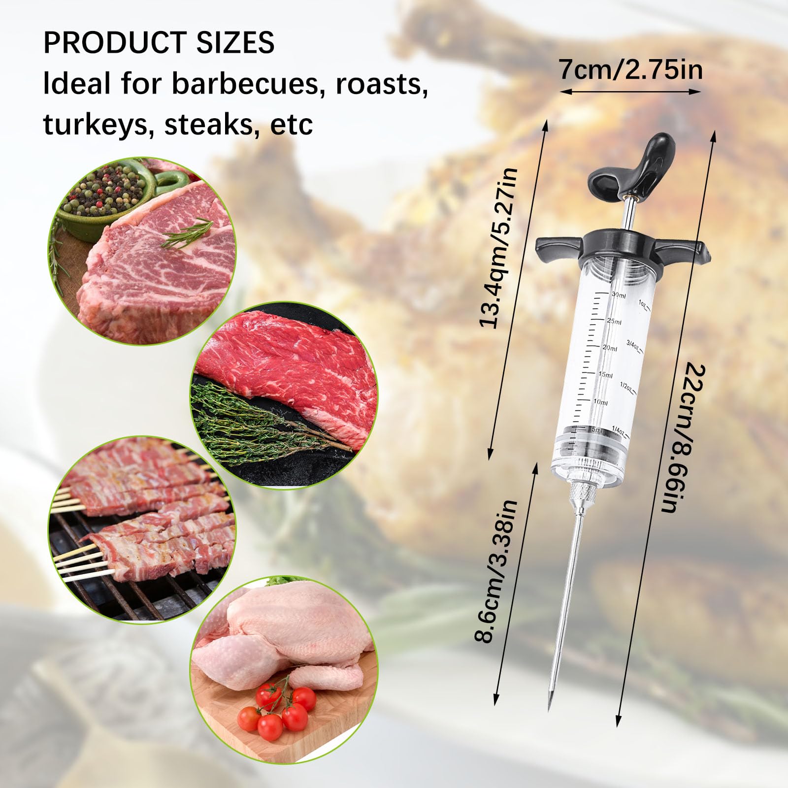 Fleischspritze, Marinadenspritze, Fleischinjektoren zum Räuchern und Grillen 30 ml, Meat Injector, Fettinjektornadel, Marinierspritze, Gewürzspritze, Injektor-Marinaden für Fleisch, Pute, Rind