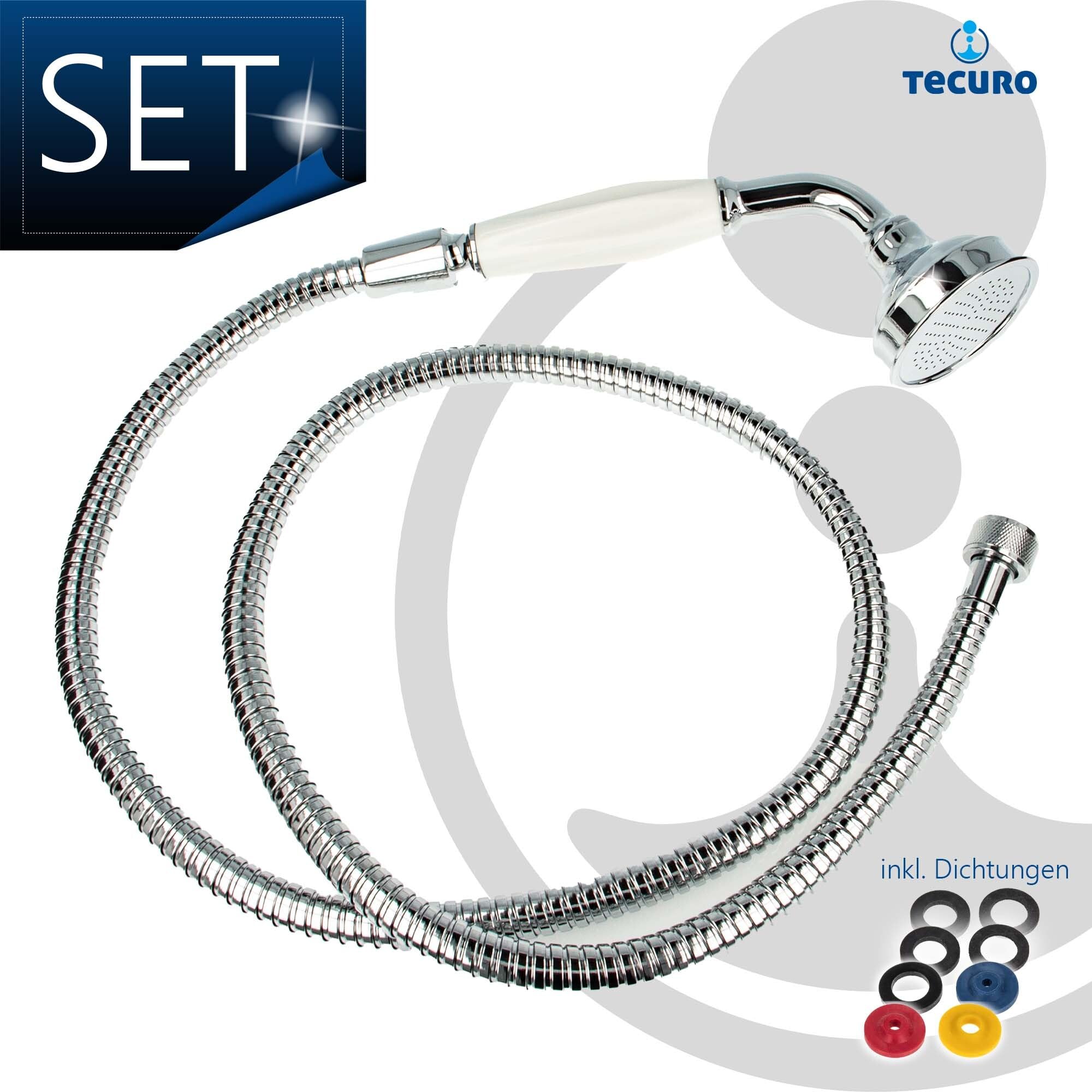 tecuro Nostalgie - Handbrause Ø 65 mm, 1-strahlig, mit 75 cm Metallbrauseschlauch verchromt