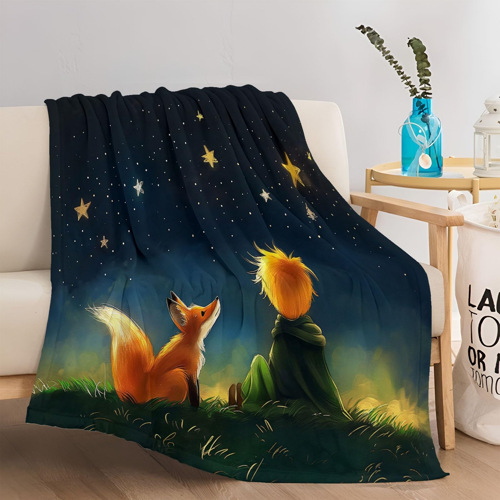 Flanell-Plüsch Kuscheldecke 150 x 200 cm - Fuchs- und Prinz-Motiv unter Sternenhimmel Muster Decken für das Winterschlafzimmer dekorativ Klimaanlagendecke Reisedecke