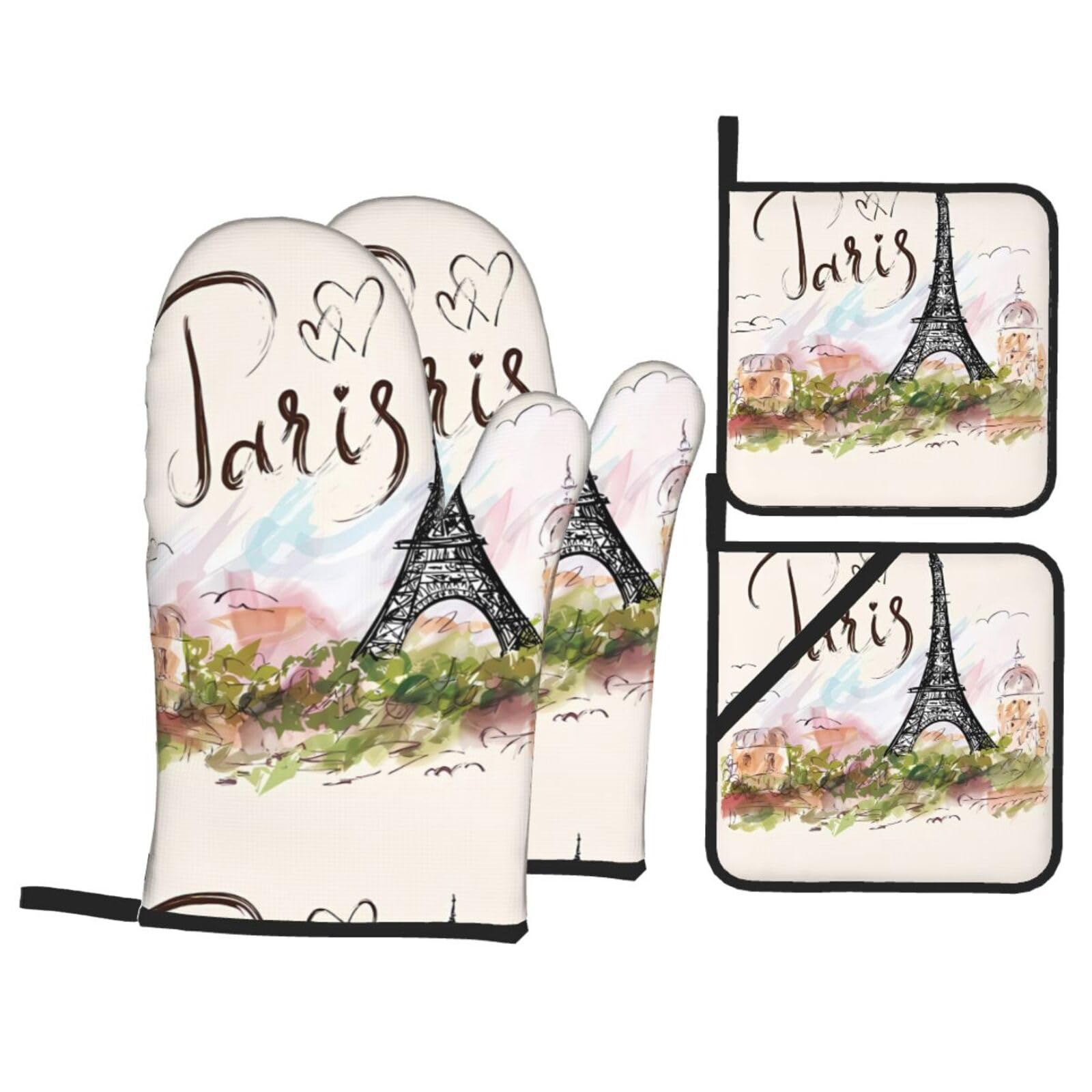 WHJSHOP Eiffel Tower Prints Oven Mitts & Pot Holders Set - Waterproof Kitchen Layers & Heat Resistant - Durable Covers for Safe Cooking & Easy Cleanup