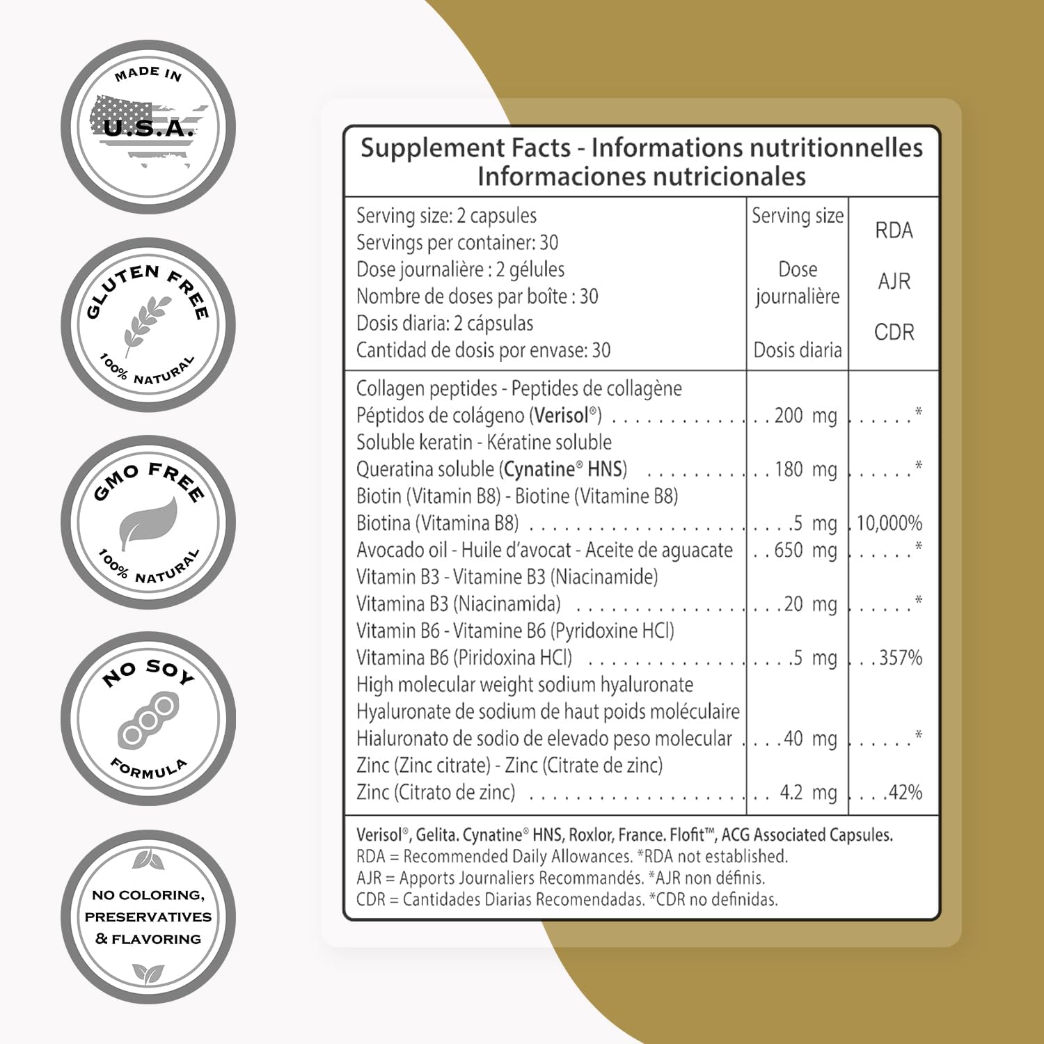 Supersmart - Daily Beauty (Patented & High Potency) - with Verisol Collagen Peptides, Hyaluronic Acid, Soluble Keratin, Biotin | Non-GMO & No fillers & Gluten Free - 60 Flofit Capsules