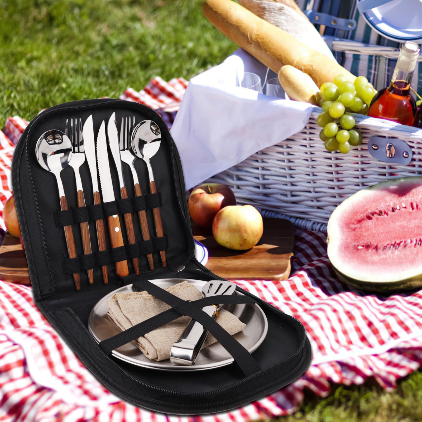 Set de vaisselle de camping pour 2 personnes, 12 pièces, en acier inoxydable, couverts de pique-nique, poches de couverts portables, manches à rayures en bois, nappe de table à manger