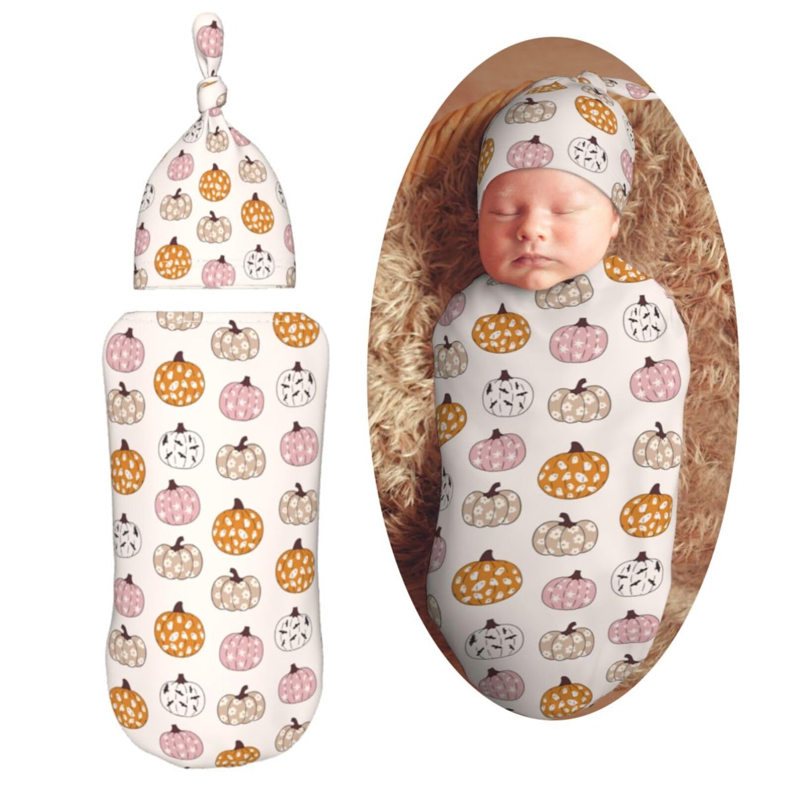 Pumpkins and Bats Newborn Swaddle Blankets Hat Sets Soft Baby Receiving Blanket Swaddle Sack for Baby Shower Infant Boy Girl Gift